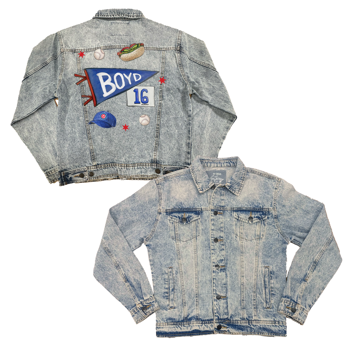 City Collage w/ Name, Number - Boyfriend Denim Jacket - Tiny Turnip