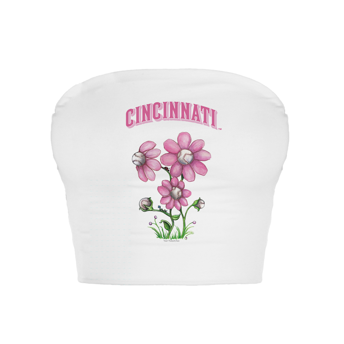 Cincinnati Reds Blooming Baseballs Crop Tube Top - Tiny Turnip