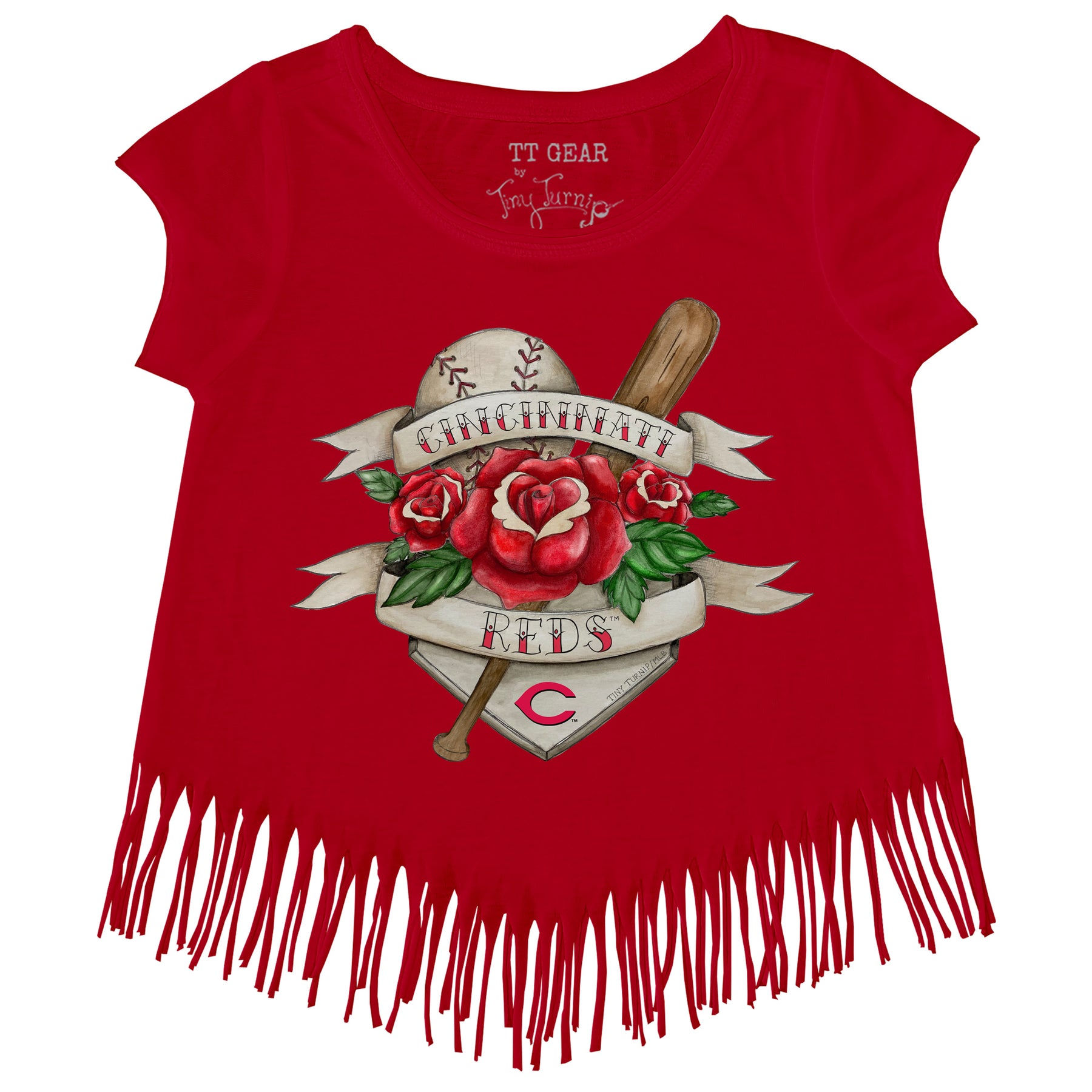 Cincinnati Reds Tattoo Rose Fringe Tee