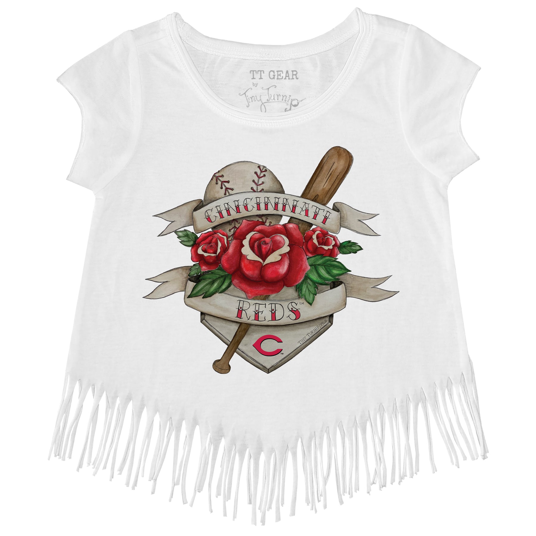 Cincinnati Reds Tattoo Rose Fringe Tee