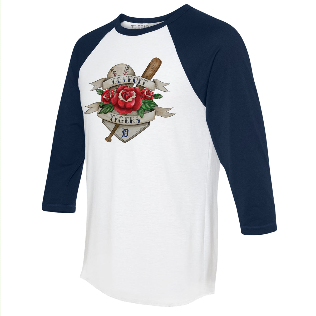 Detroit Tigers Tattoo Rose 3/4 Navy Blue Sleeve Raglan