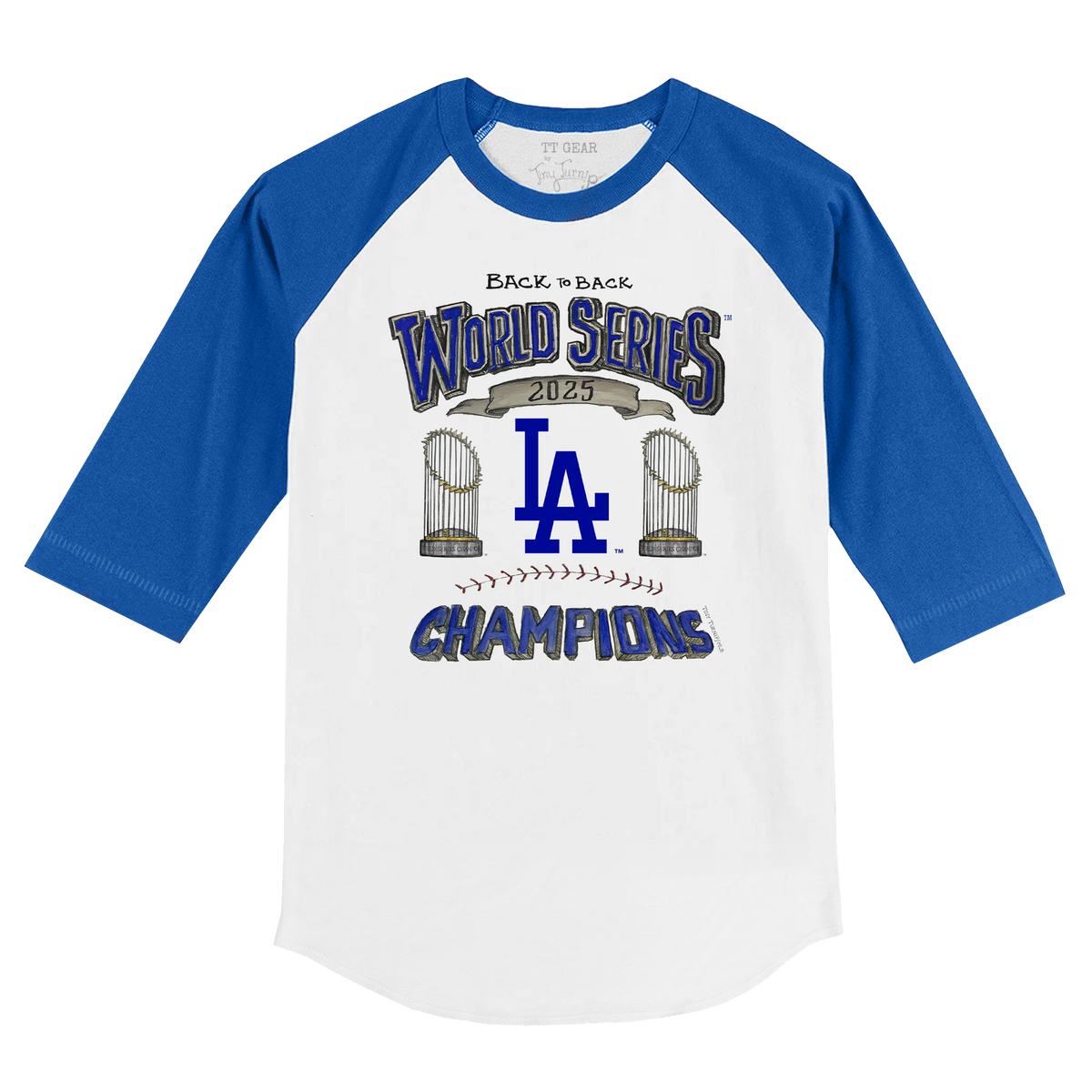 Los Angeles Dodgers Chelsea Freeman Back to Back World Series Champs Royal Blue 3/4 Sleeve Raglan