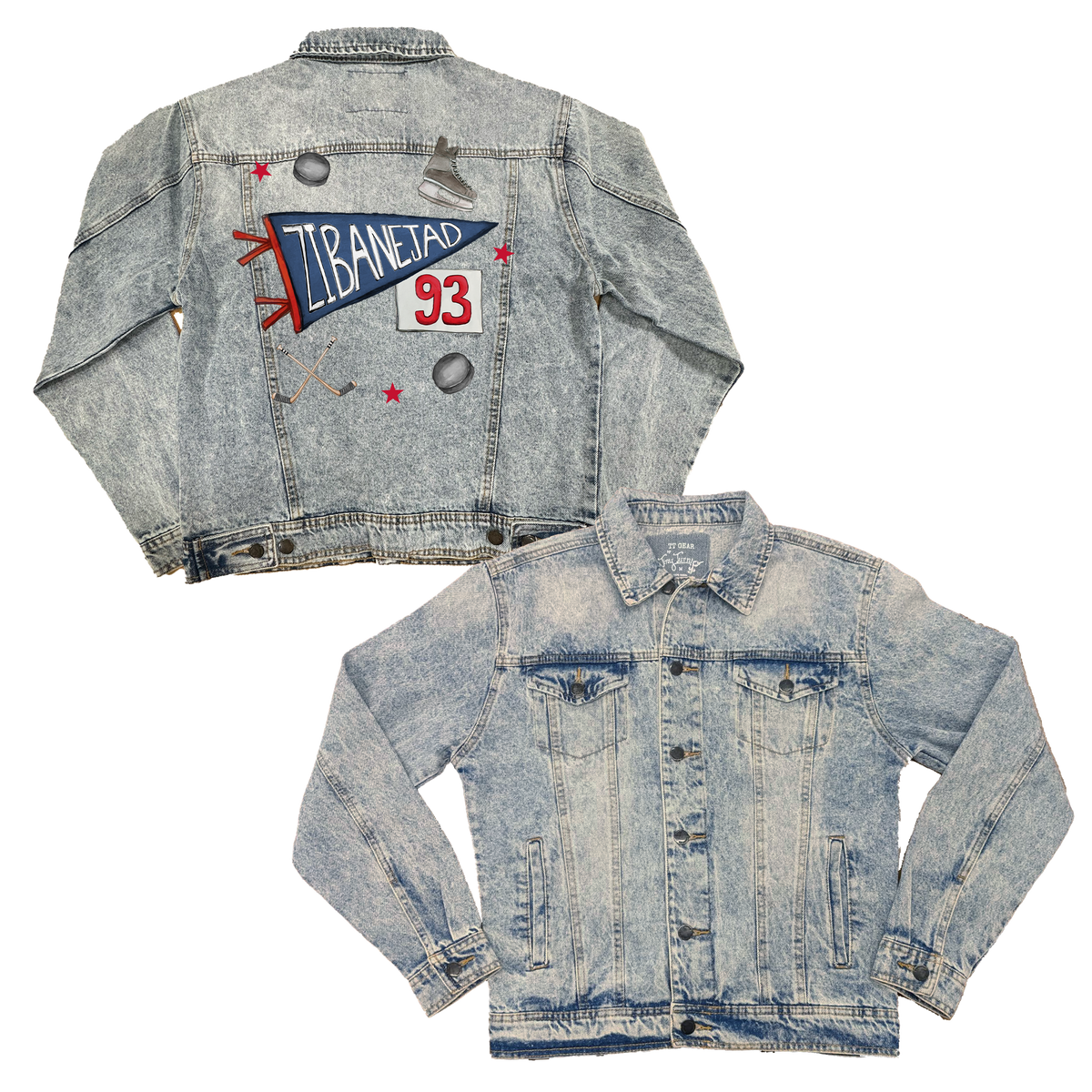 VIP NHL Pennant Collage w/ Name, Number - Boyfriend Denim Jacket - Tiny Turnip