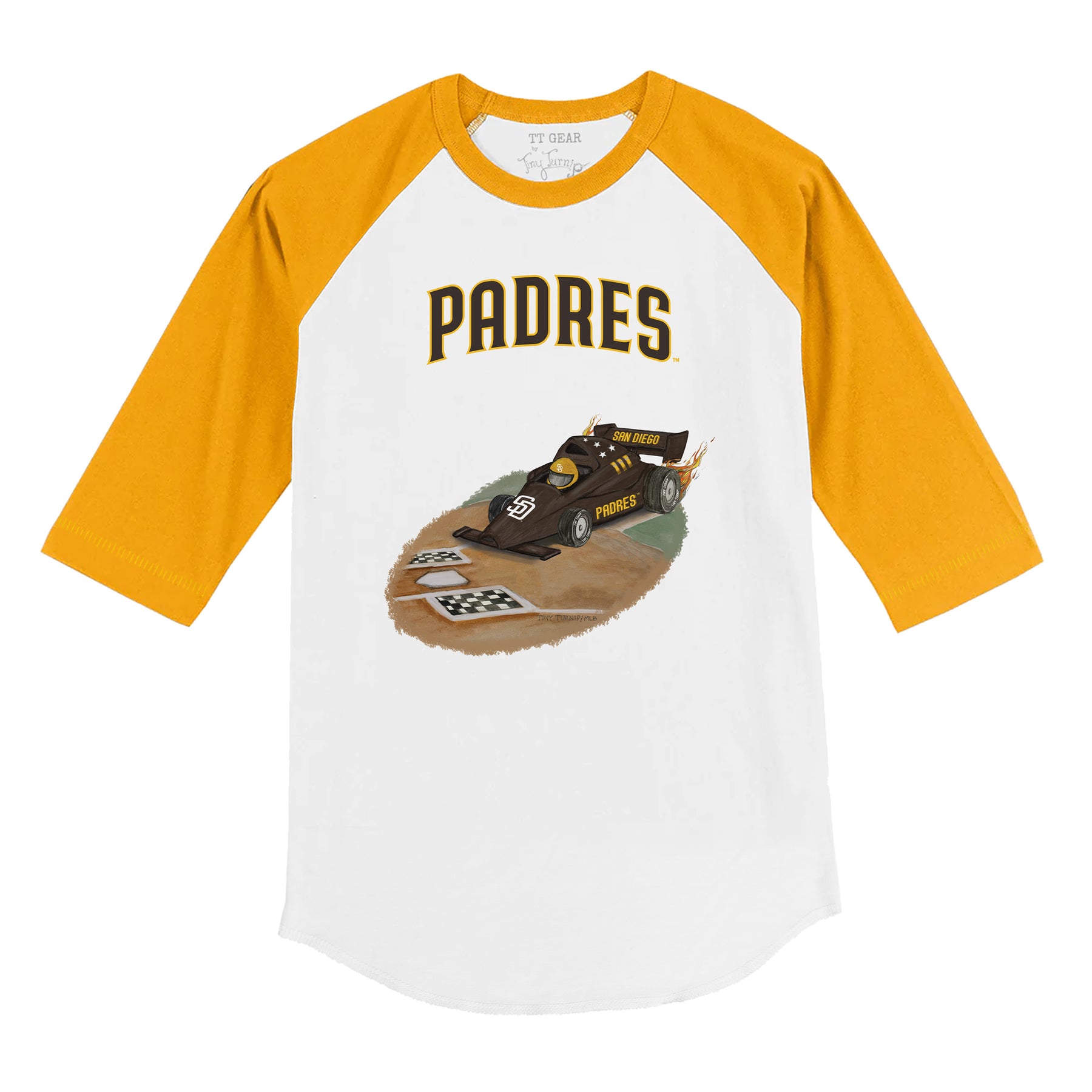 San Diego Padres Race Car 3/4 Gold Sleeve Raglan