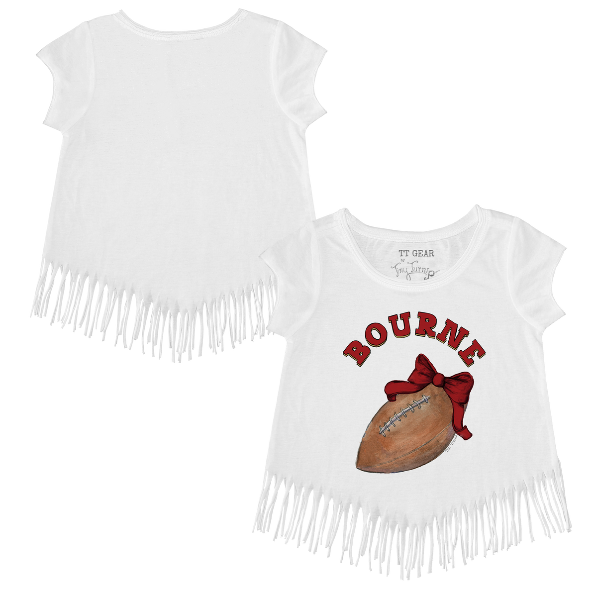VIP Football: Football Bow w/ Name - Fringe Tee - Tiny Turnip