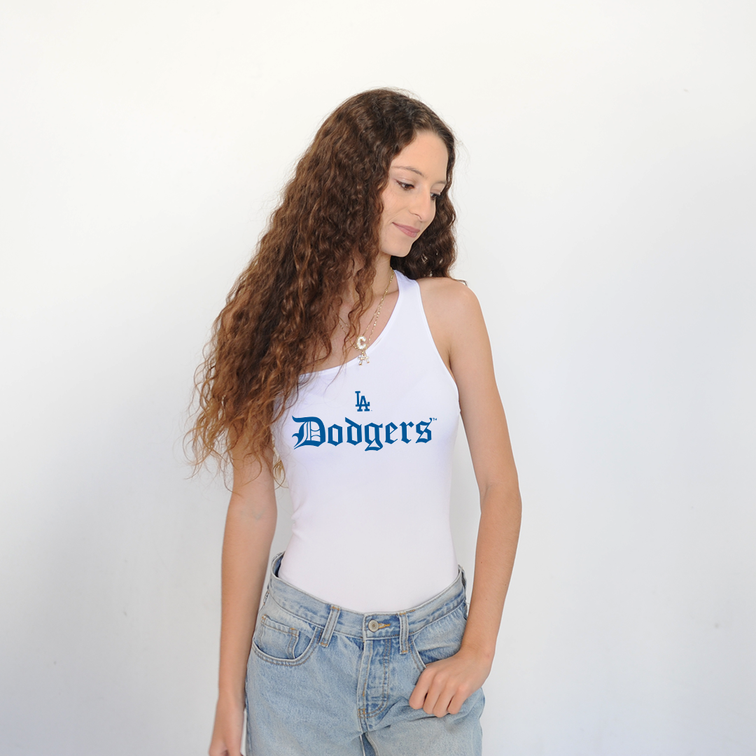 LA Dodgers Chelsea Freeman Old English One Shoulder Bodysuit