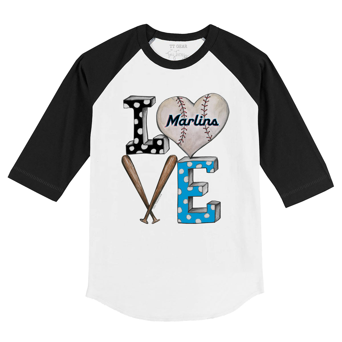 Miami Marlins Baseball LOVE 3/4 Black Sleeve Raglan