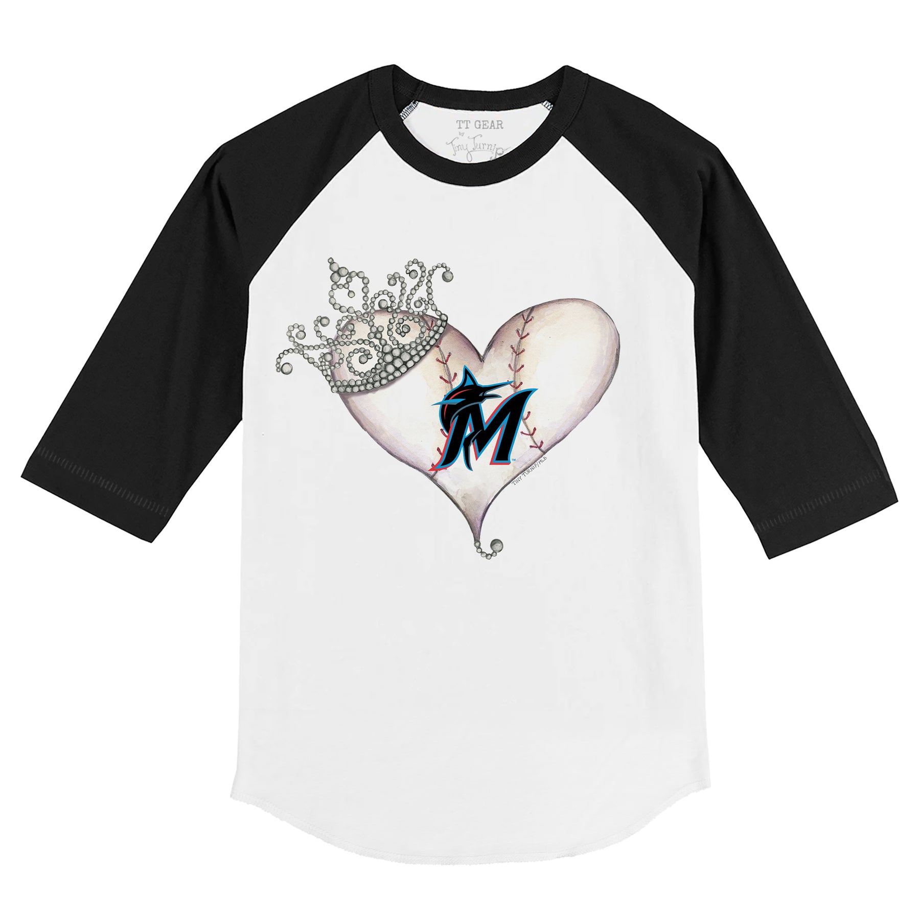 Miami Marlins Tiara Heart 3/4 Black Sleeve Raglan