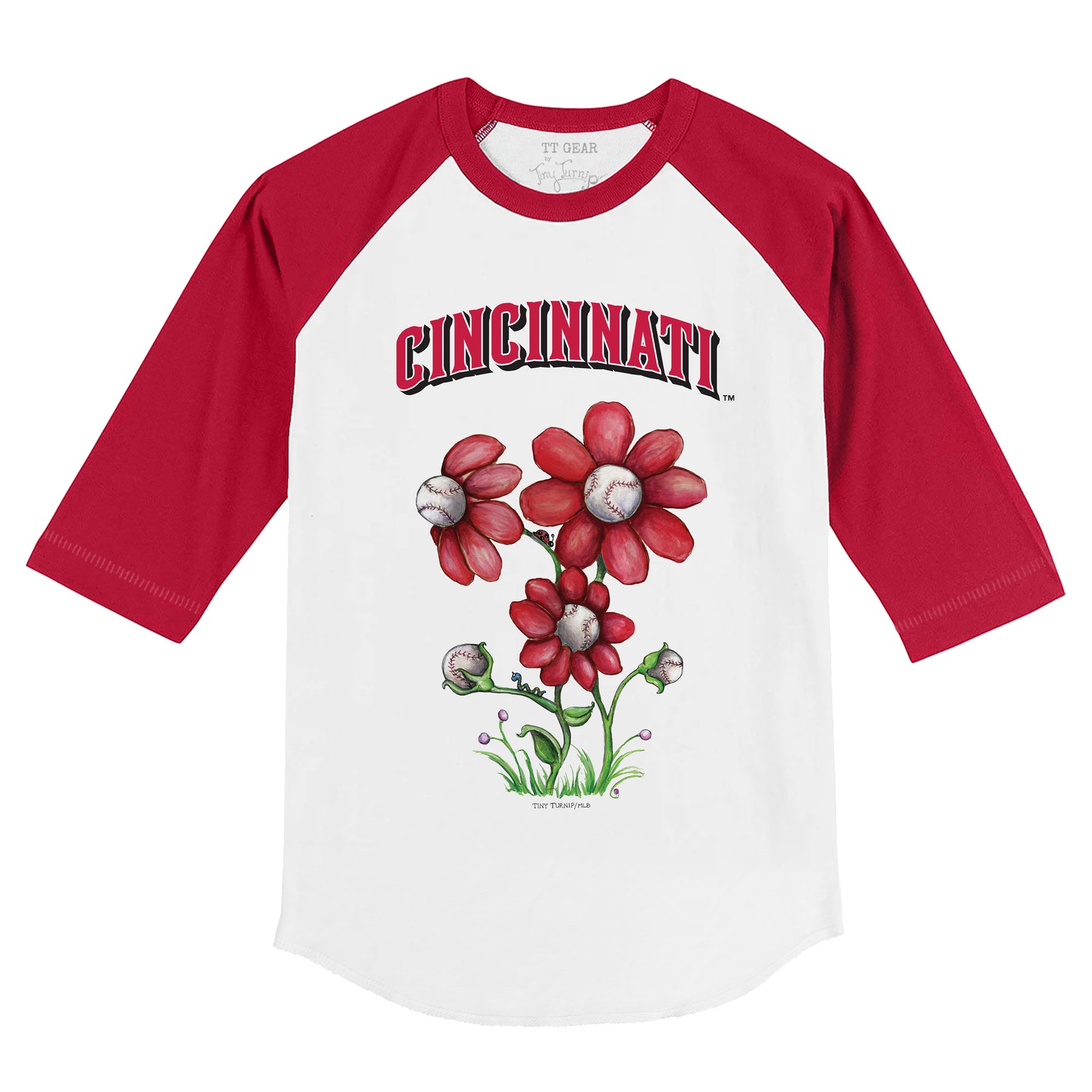 Cincinnati Reds Blooming Baseballs 3/4 Red Sleeve Raglan