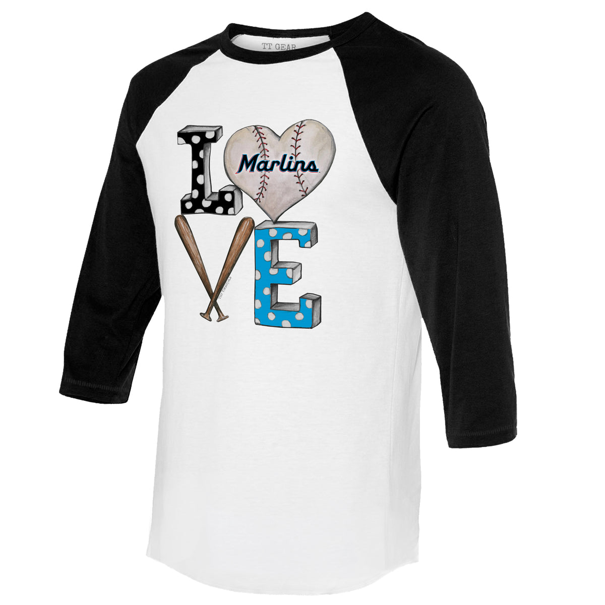 Miami Marlins Baseball LOVE 3/4 Black Sleeve Raglan