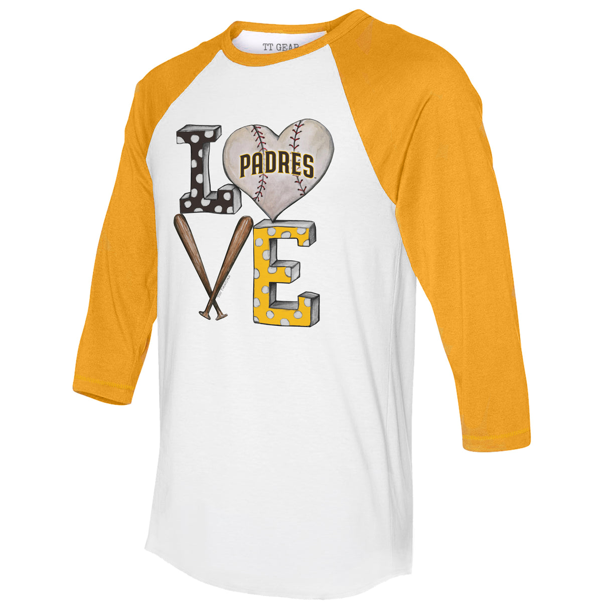 San Diego Padres Baseball LOVE 3/4 Gold Sleeve Raglan