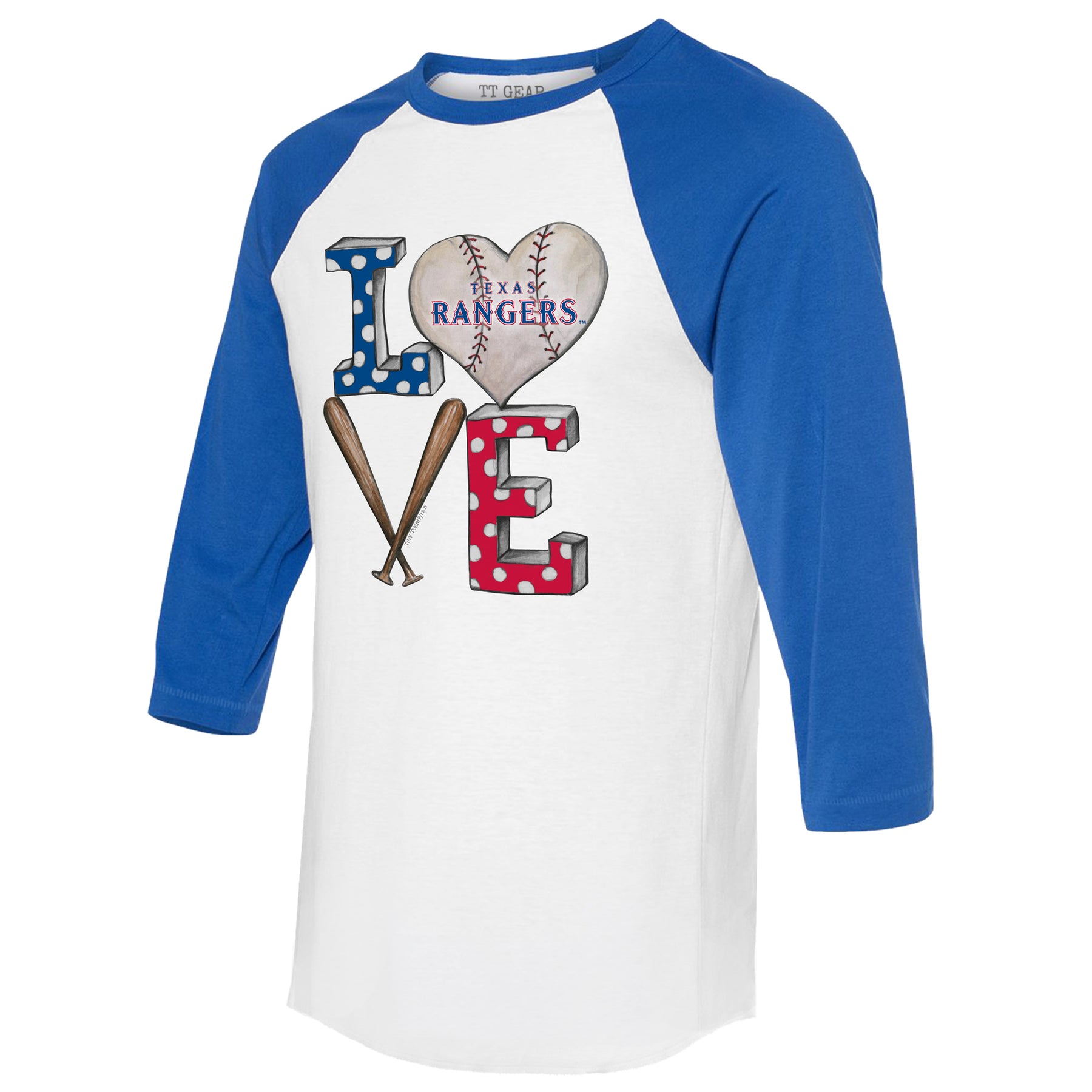 Texas Rangers Baseball LOVE 3/4 Royal Blue Sleeve Raglan