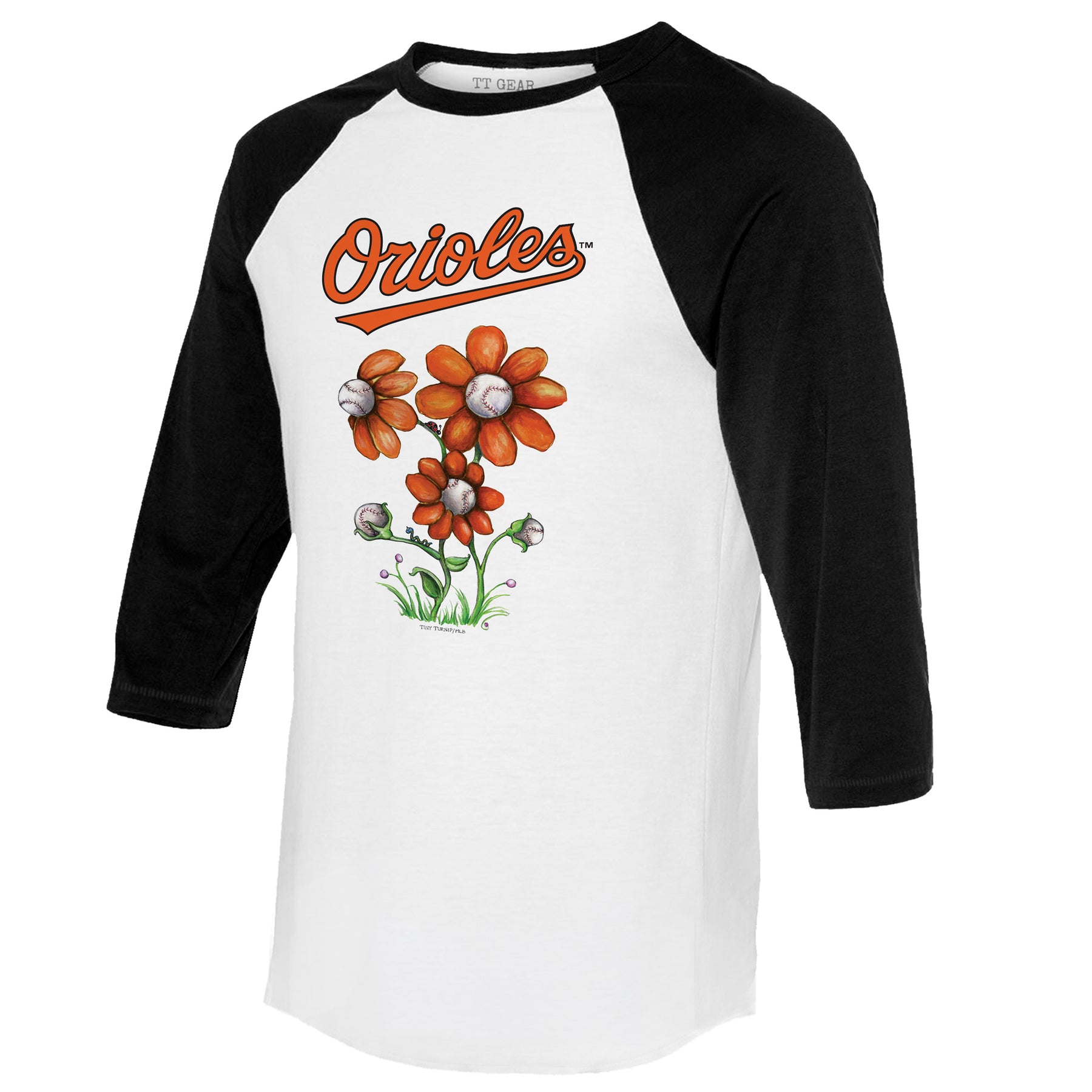 Baltimore Orioles Blooming Baseballs 3/4 Black Sleeve Raglan