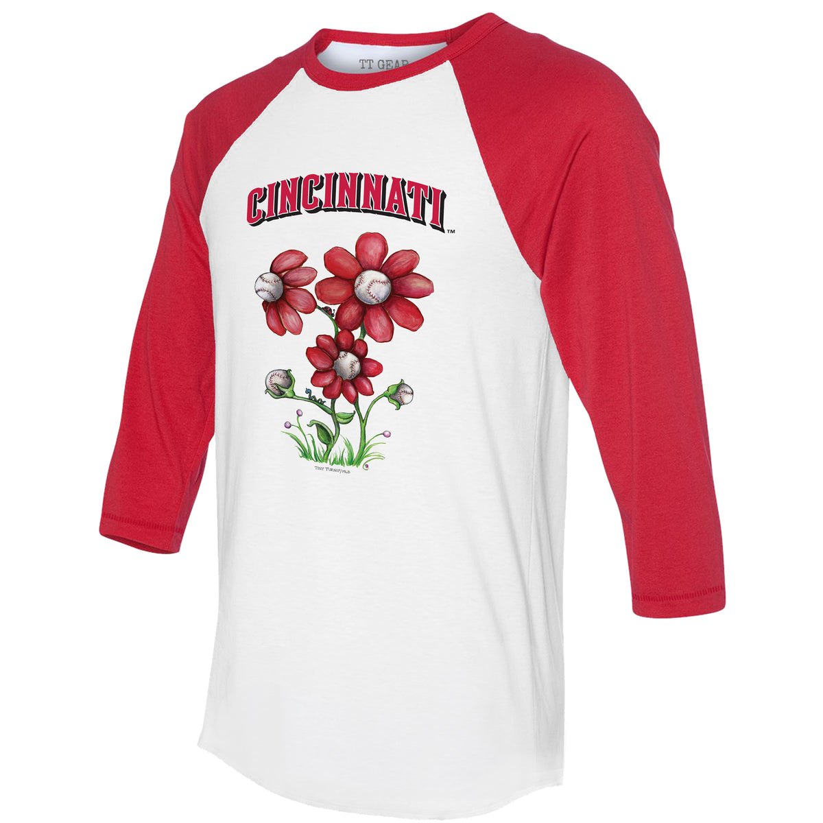 Cincinnati Reds Blooming Baseballs 3/4 Red Sleeve Raglan