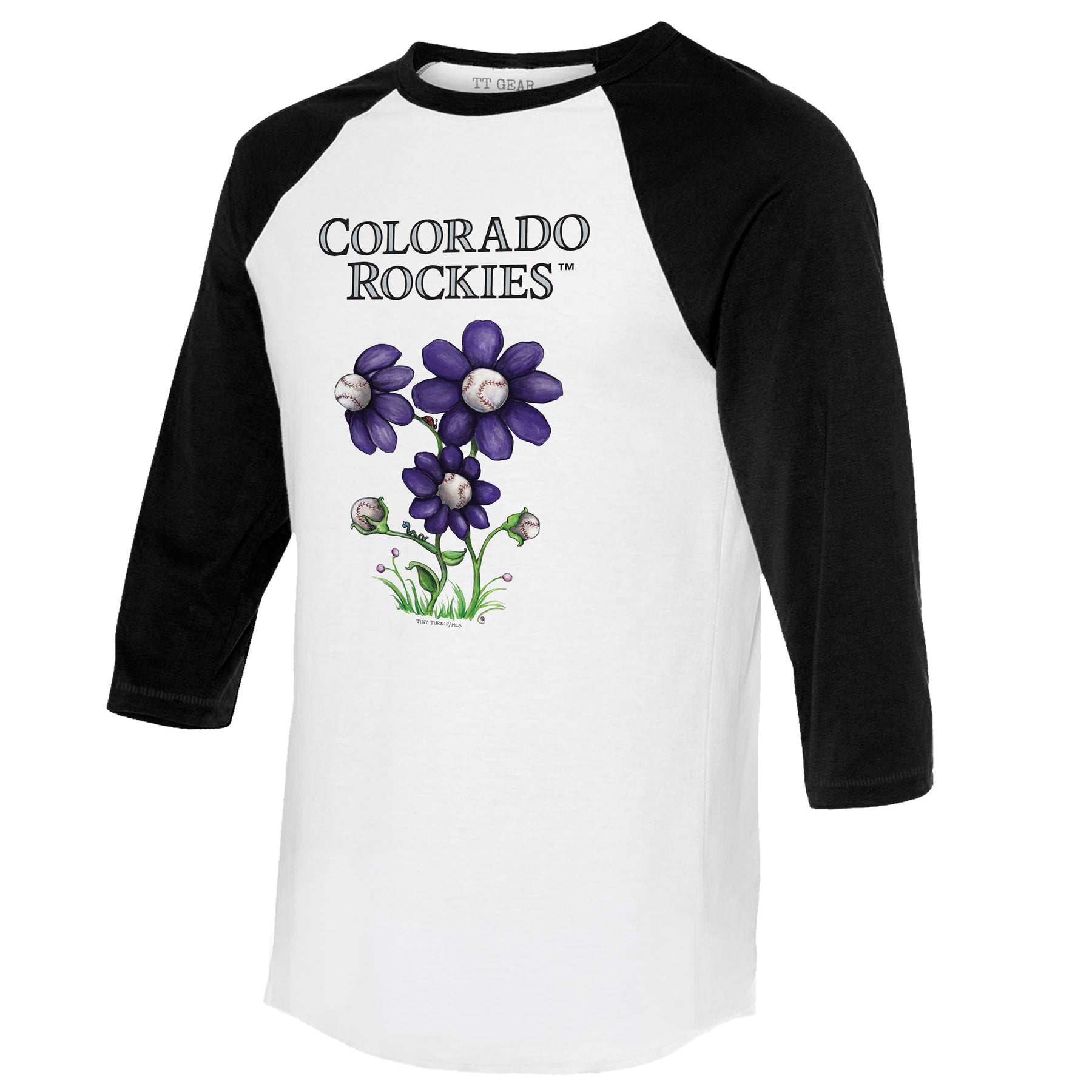 Colorado Rockies Blooming Baseballs 3/4 Black Sleeve Raglan