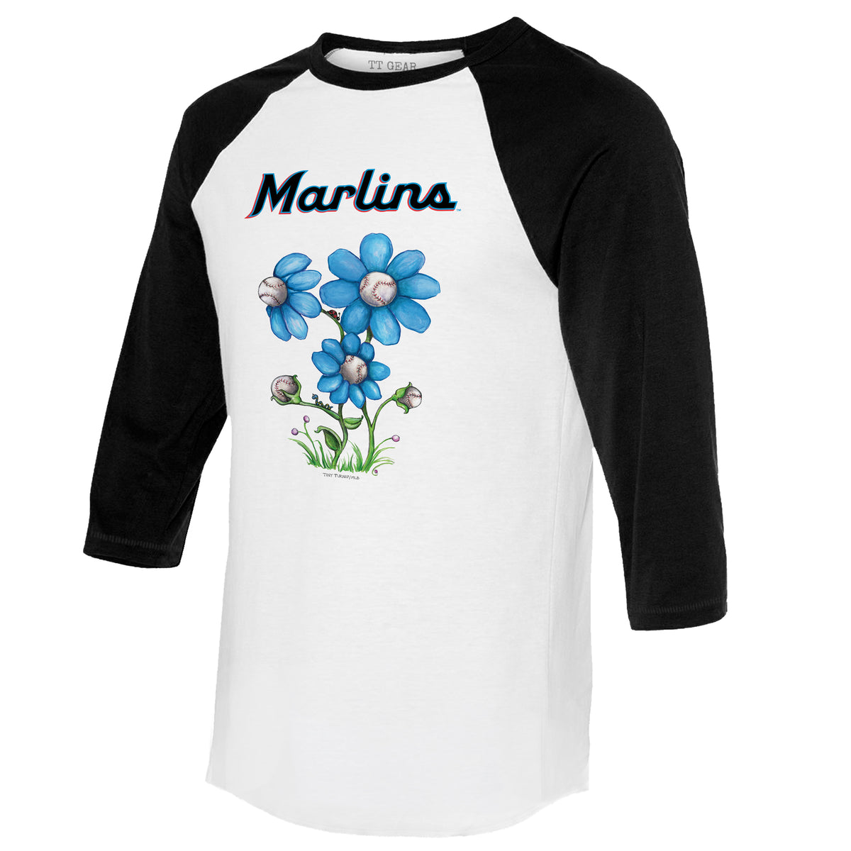 Miami Marlins Blooming Baseballs 3/4 Black Sleeve Raglan