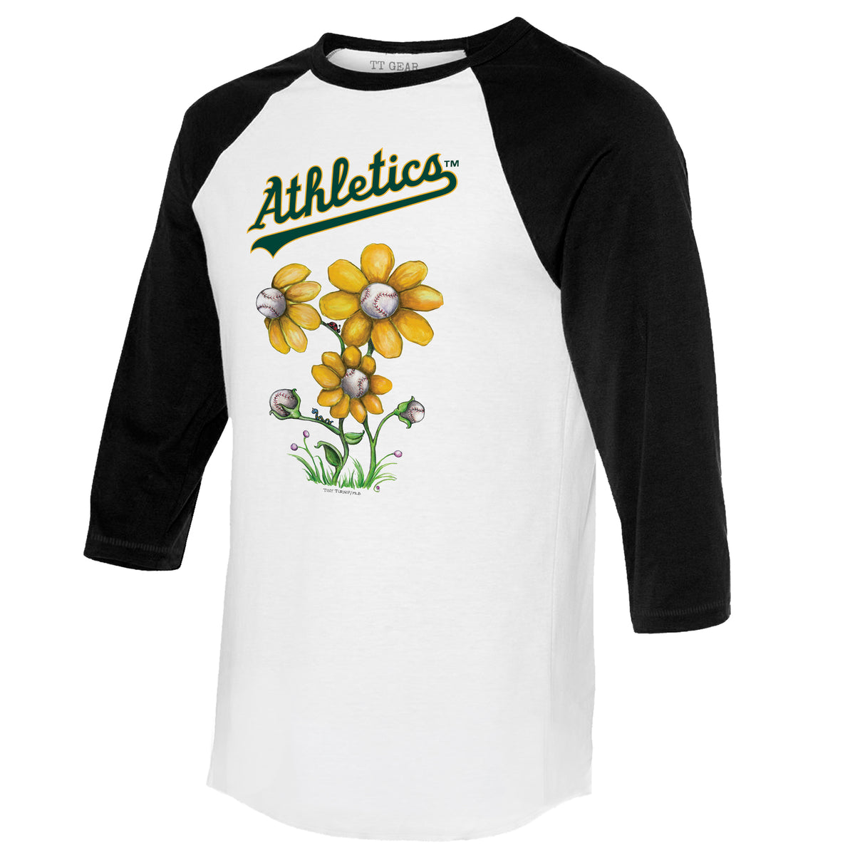 Oakland Athletics Blooming Baseballs 3/4 Black Sleeve Raglan