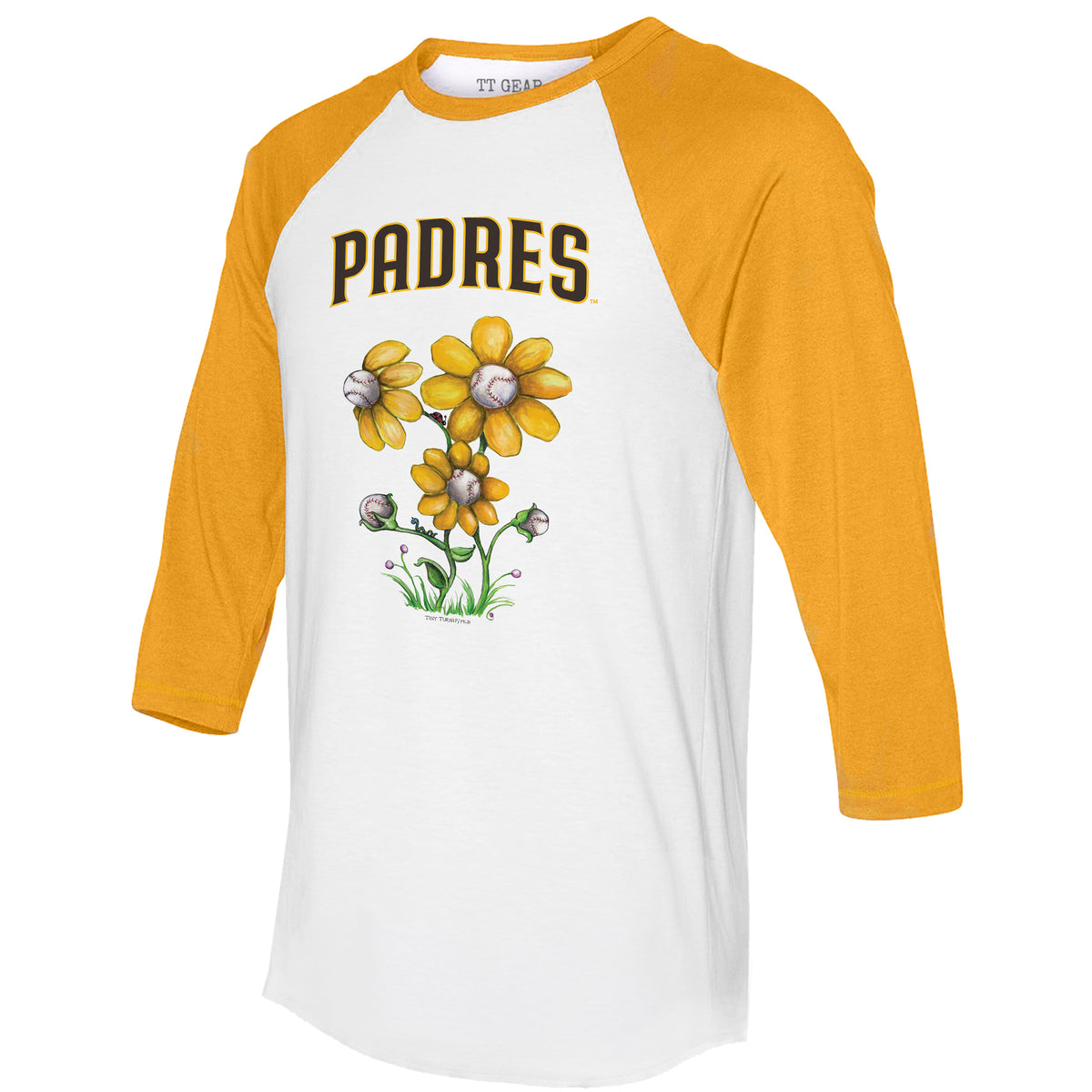 San Diego Padres Blooming Baseballs 3/4 Gold Sleeve Raglan