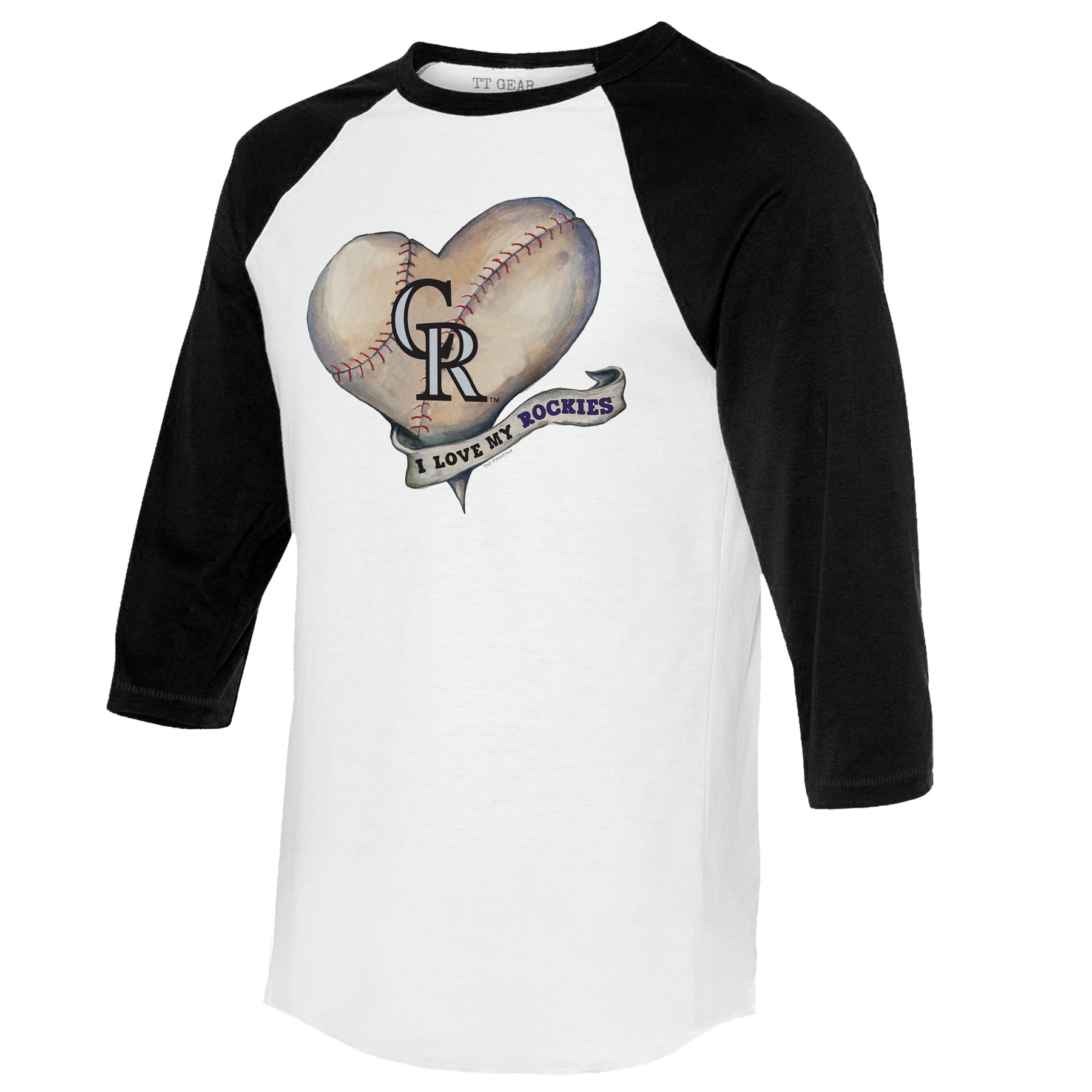 Colorado Rockies Baseball Heart Banner 3/4 Black Sleeve Raglan