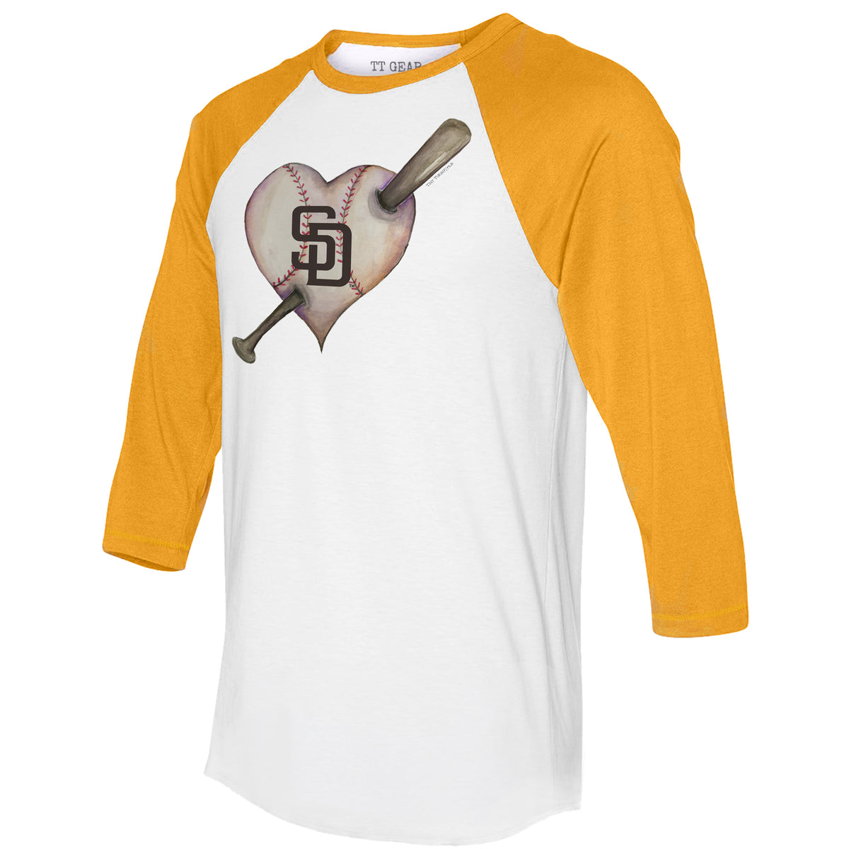San Diego Padres Heart Bat 3/4 Gold Sleeve Raglan