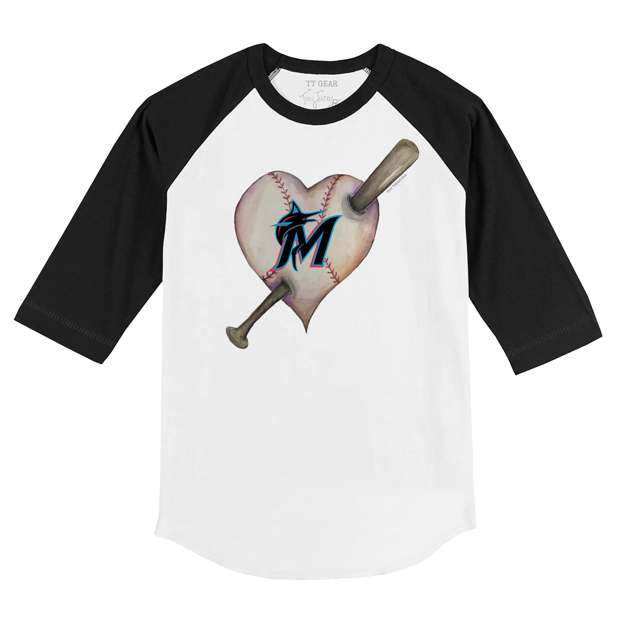 Miami Marlins Heart Bat 3/4 Black Sleeve Raglan