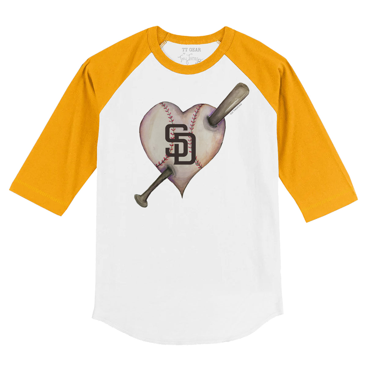 San Diego Padres Heart Bat 3/4 Gold Sleeve Raglan