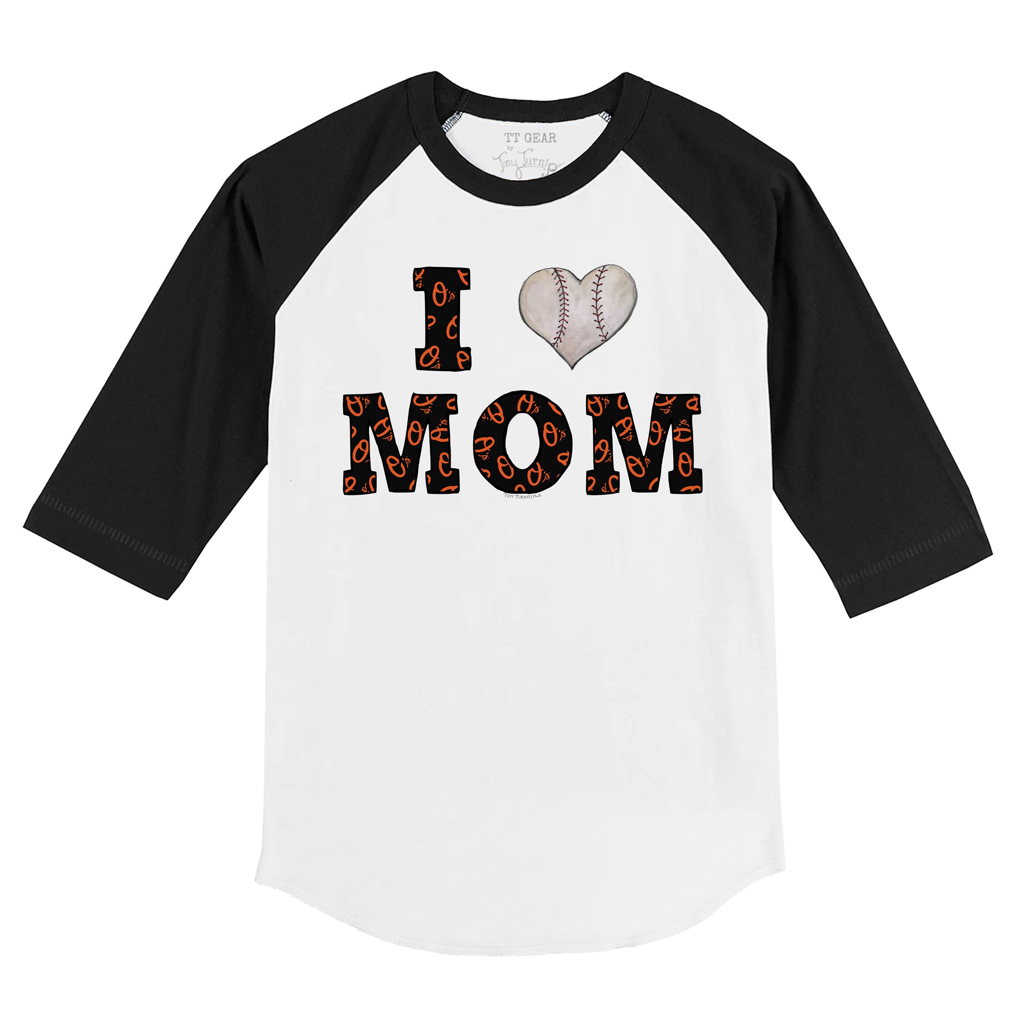 Baltimore Orioles I Love Mom 3/4 Black Sleeve Raglan Youth Small (6-8)