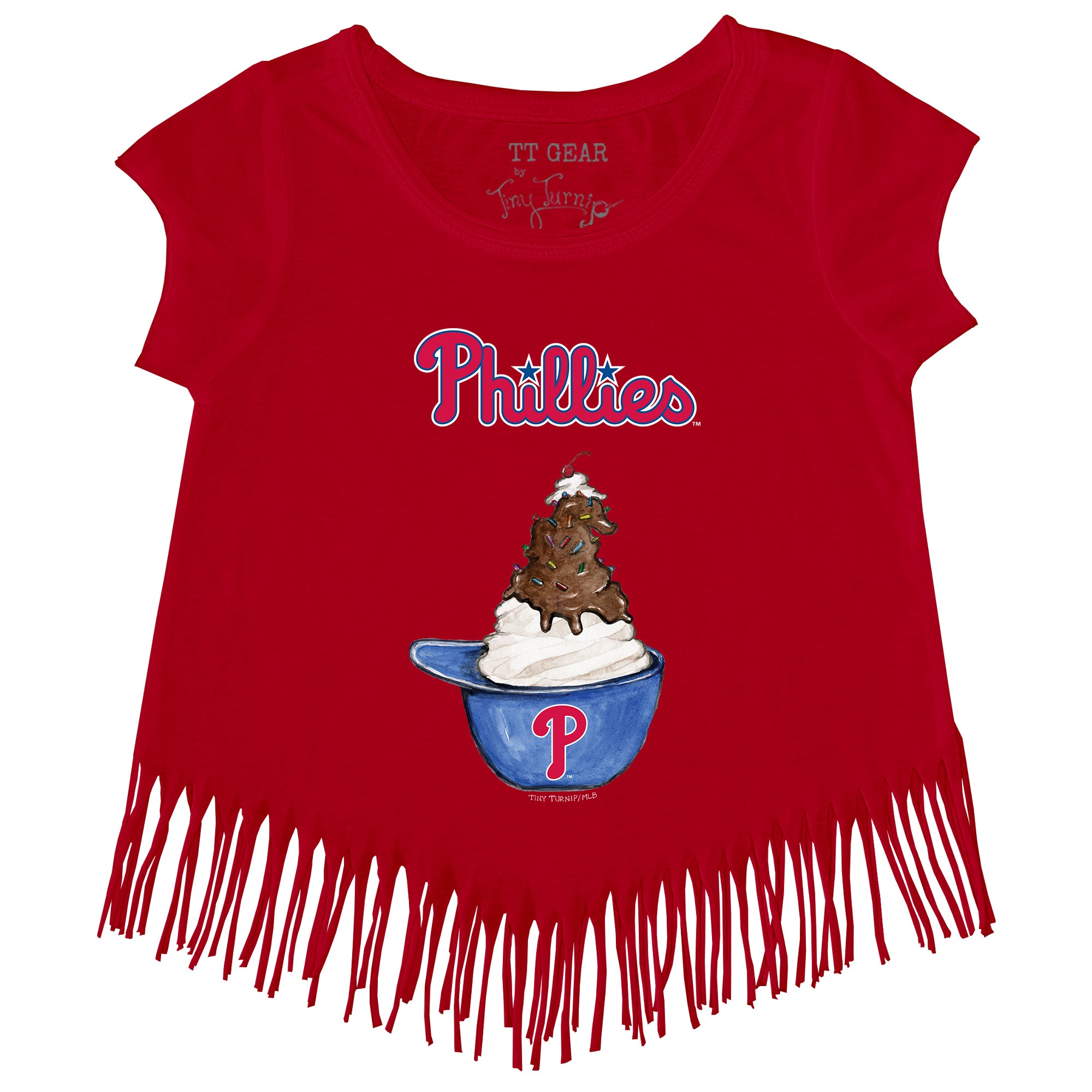 Girls Toddler Tiny Turnip White Philadelphia Phillies Baseball Bow Fringe T-Shirt