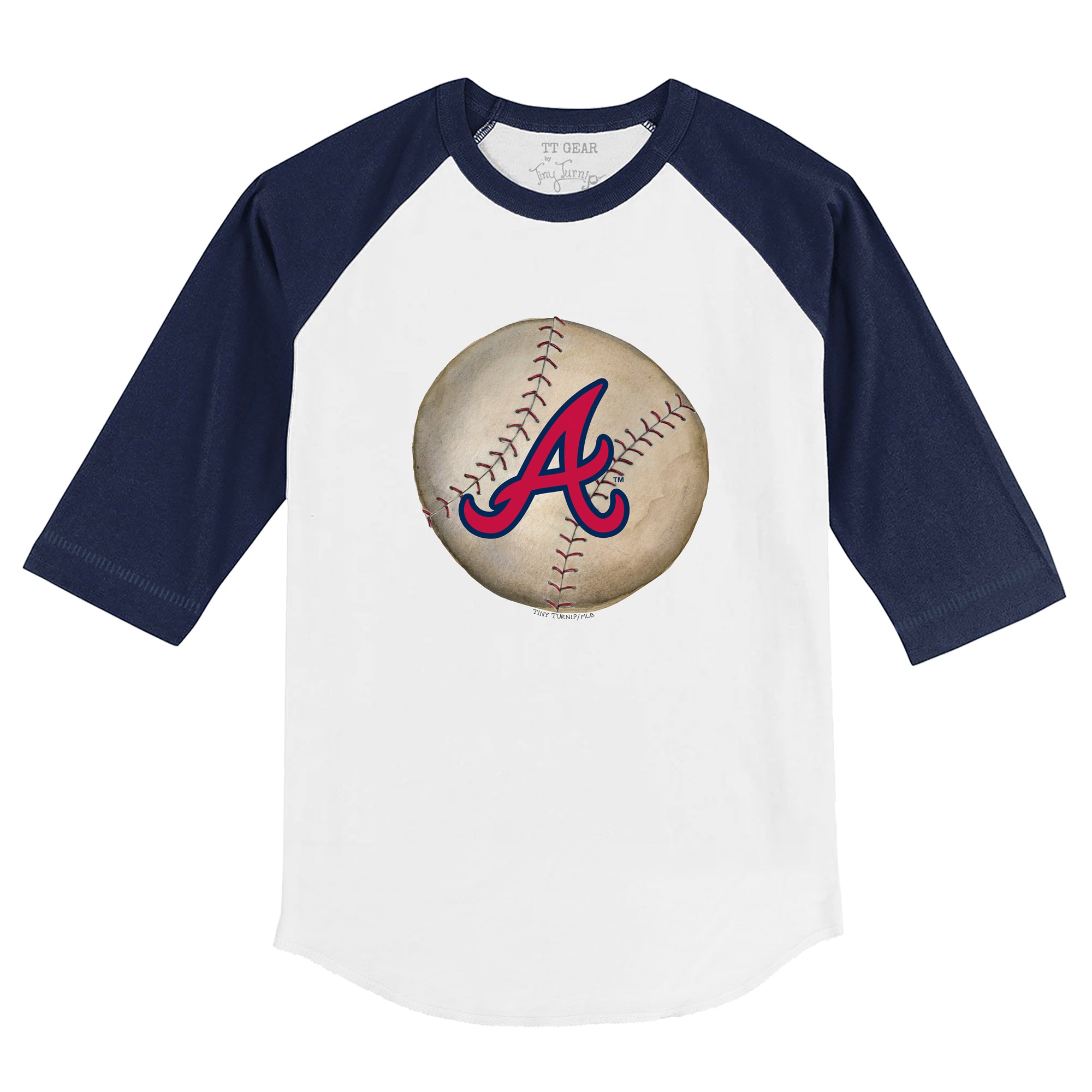 Toddler Tiny Turnip White/Navy Atlanta Braves Baseball Bow 3/4-Sleeve Raglan T-Shirt Size: 4T