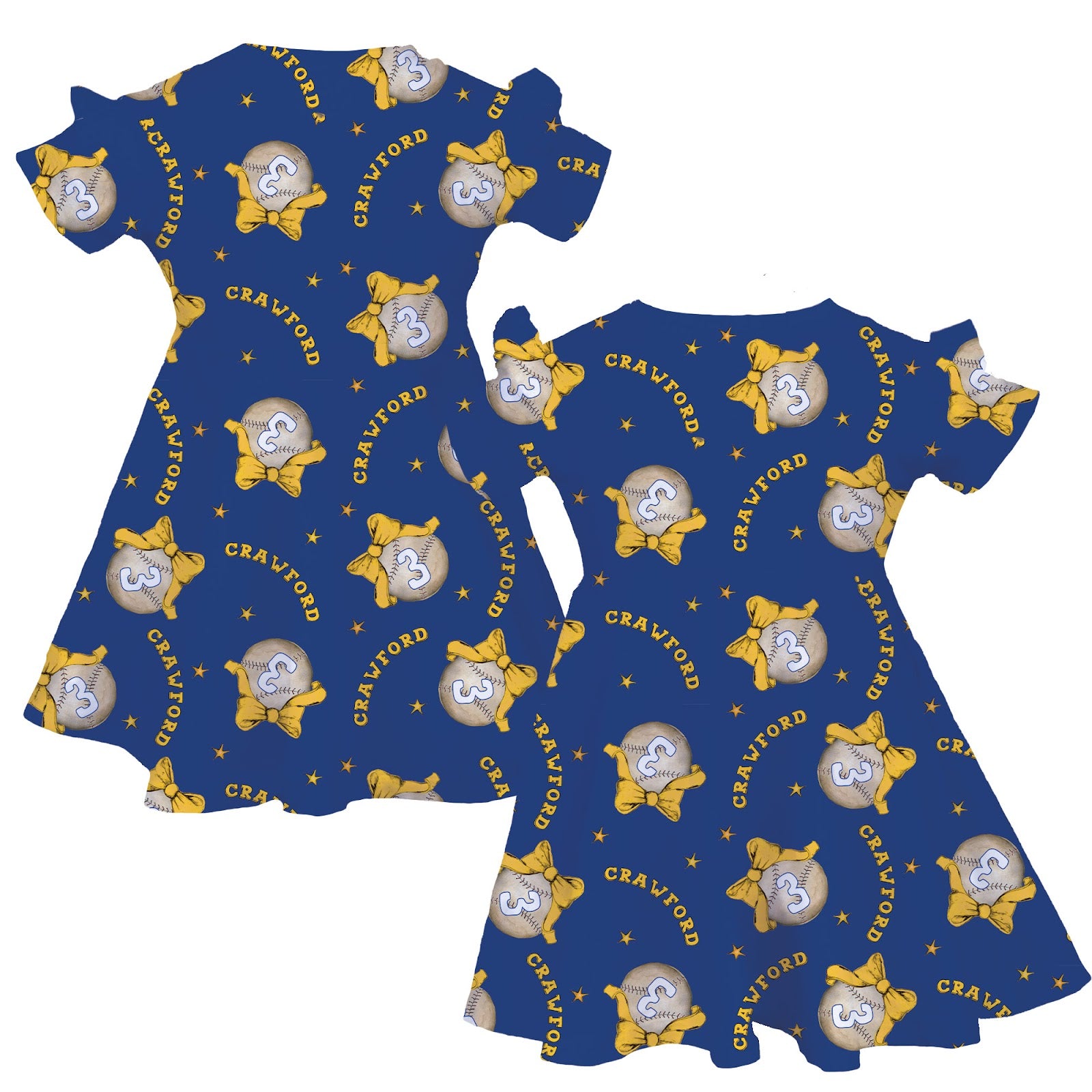 VIP MLB Baseball Bow w/ Name, Number - Molly Dress - Tiny Turnip