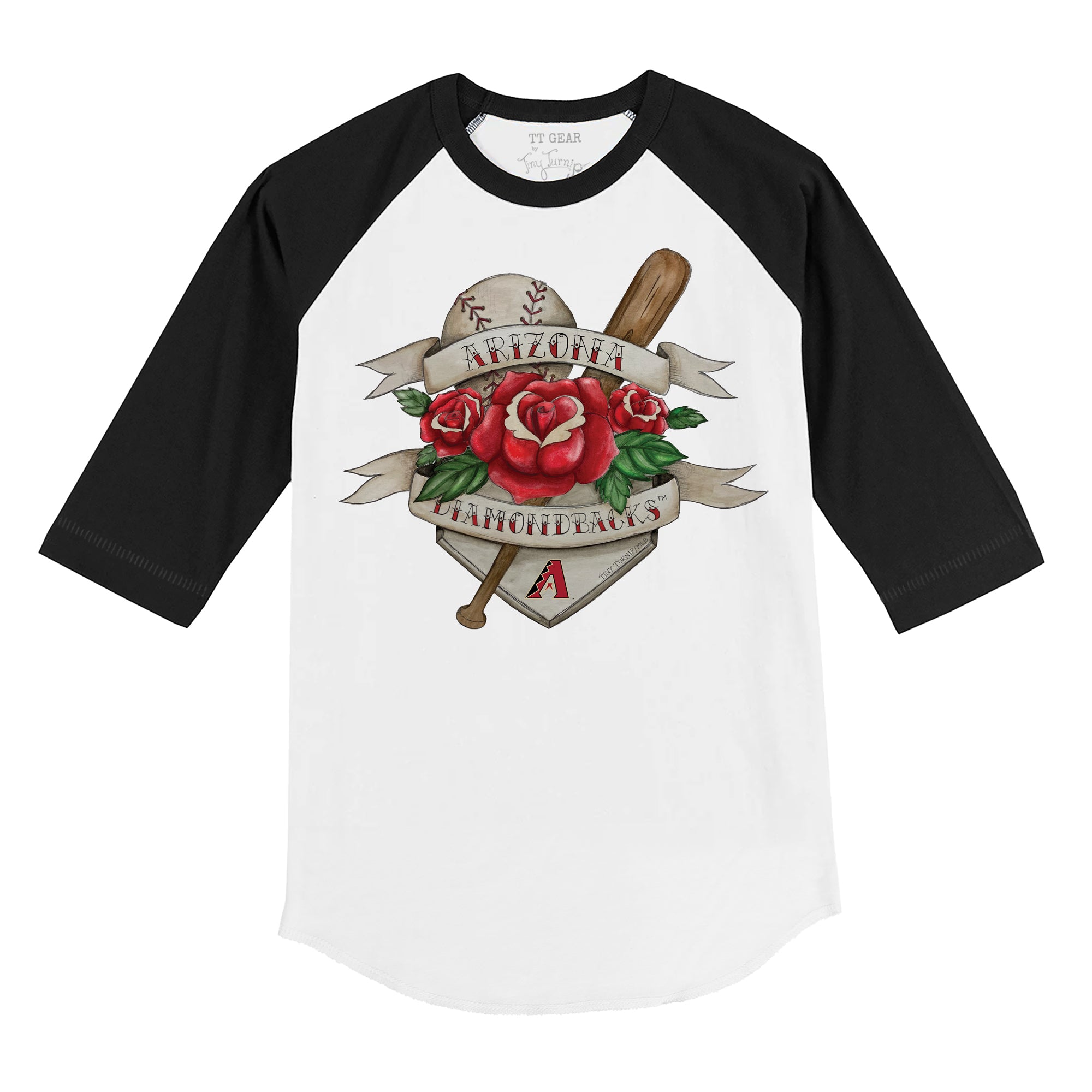 Arizona Diamondbacks Tattoo Rose 3/4 Black Sleeve Raglan | Tiny Turnip