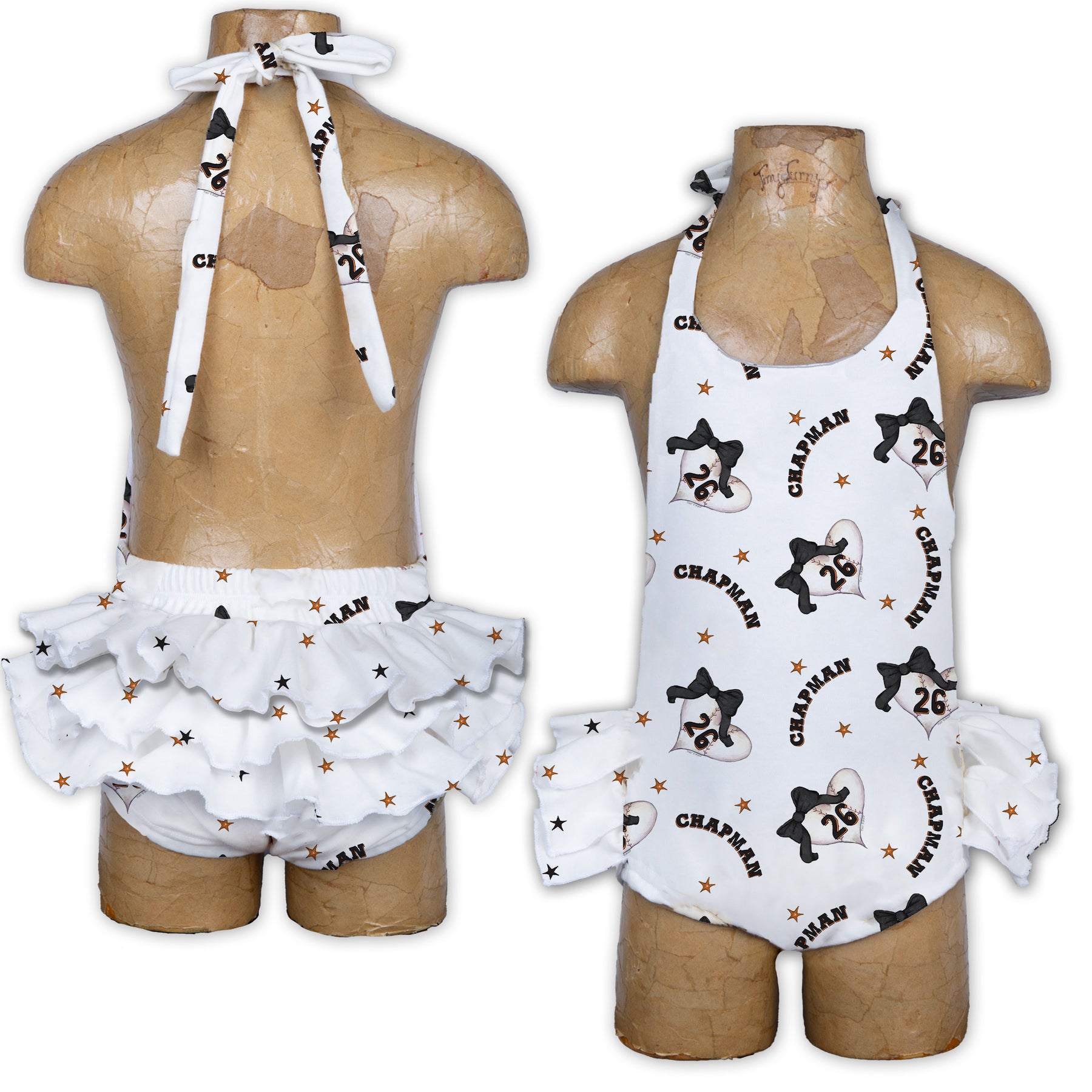 Baseball Heart w/ Name, Number - Ruffle Romper - Tiny Turnip