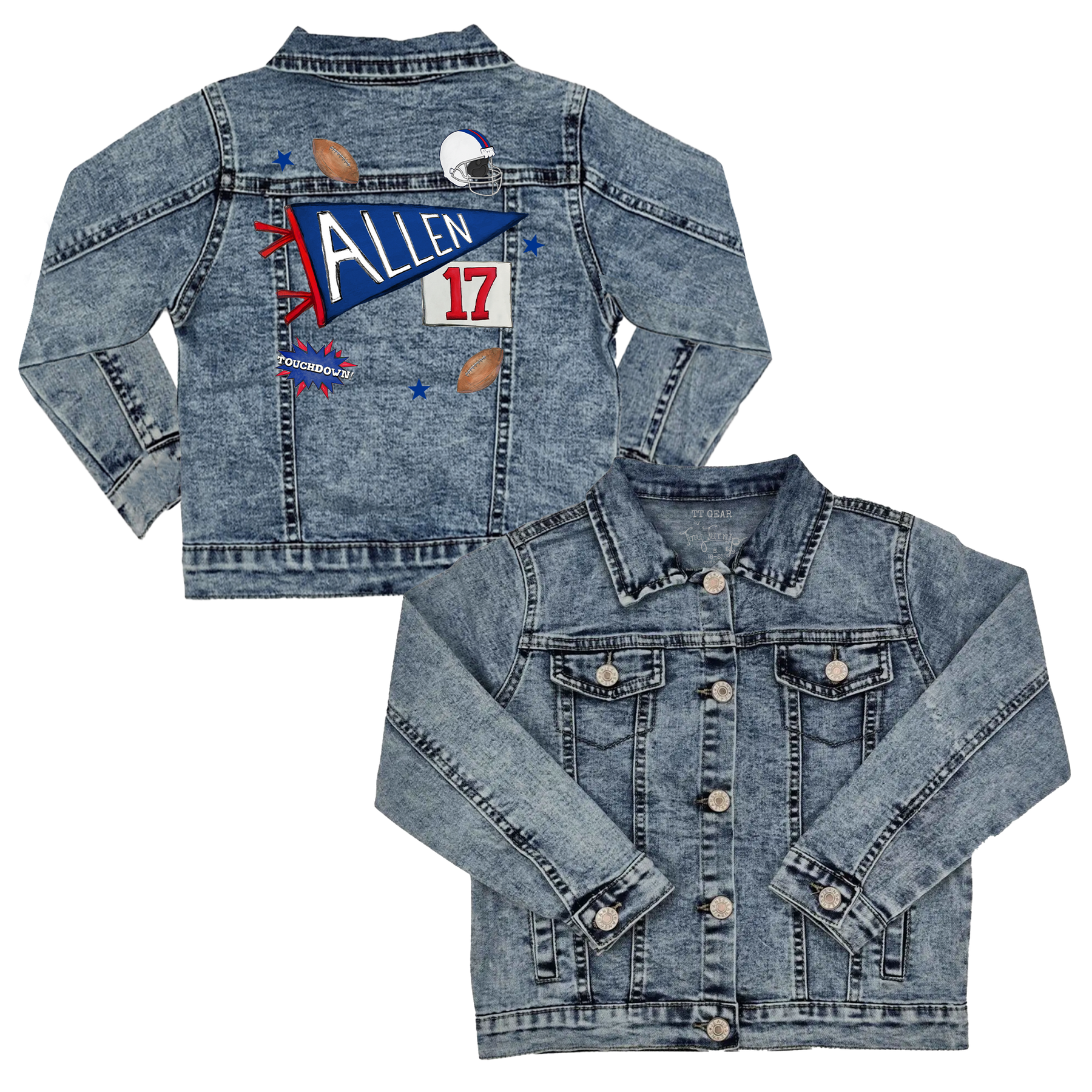 VIP Pennant Collage w/ Name, Number - Kid's Denim Jacket - Tiny Turnip