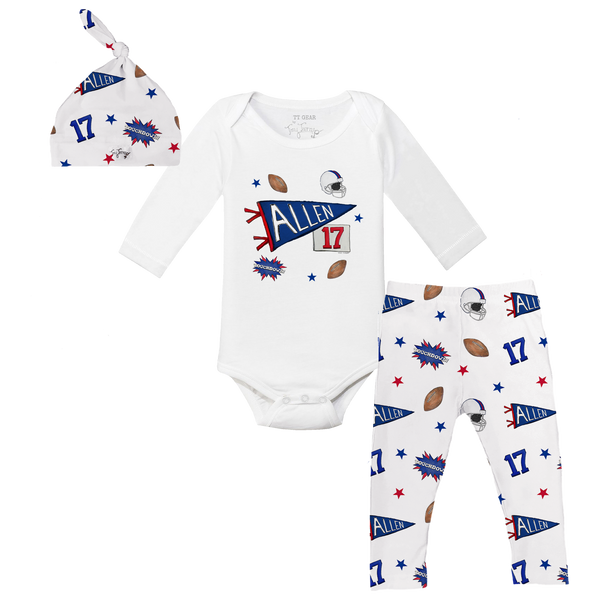 VIP Football: Pennant Collage w/ Name, Number - Long Sleeve Snapper Layette Set - Tiny Turnip