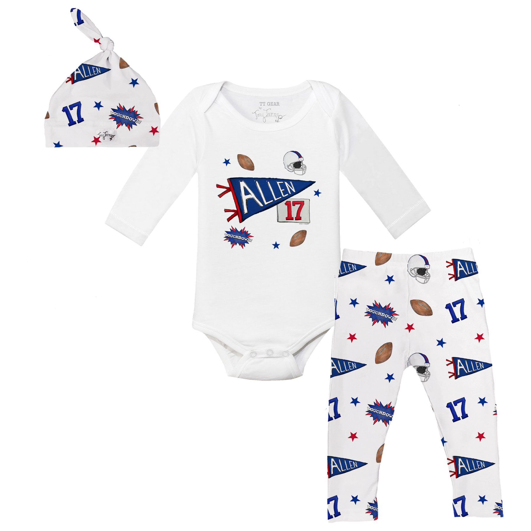VIP Football: Pennant Collage w/ Name, Number - Long Sleeve Snapper Layette Set - Tiny Turnip