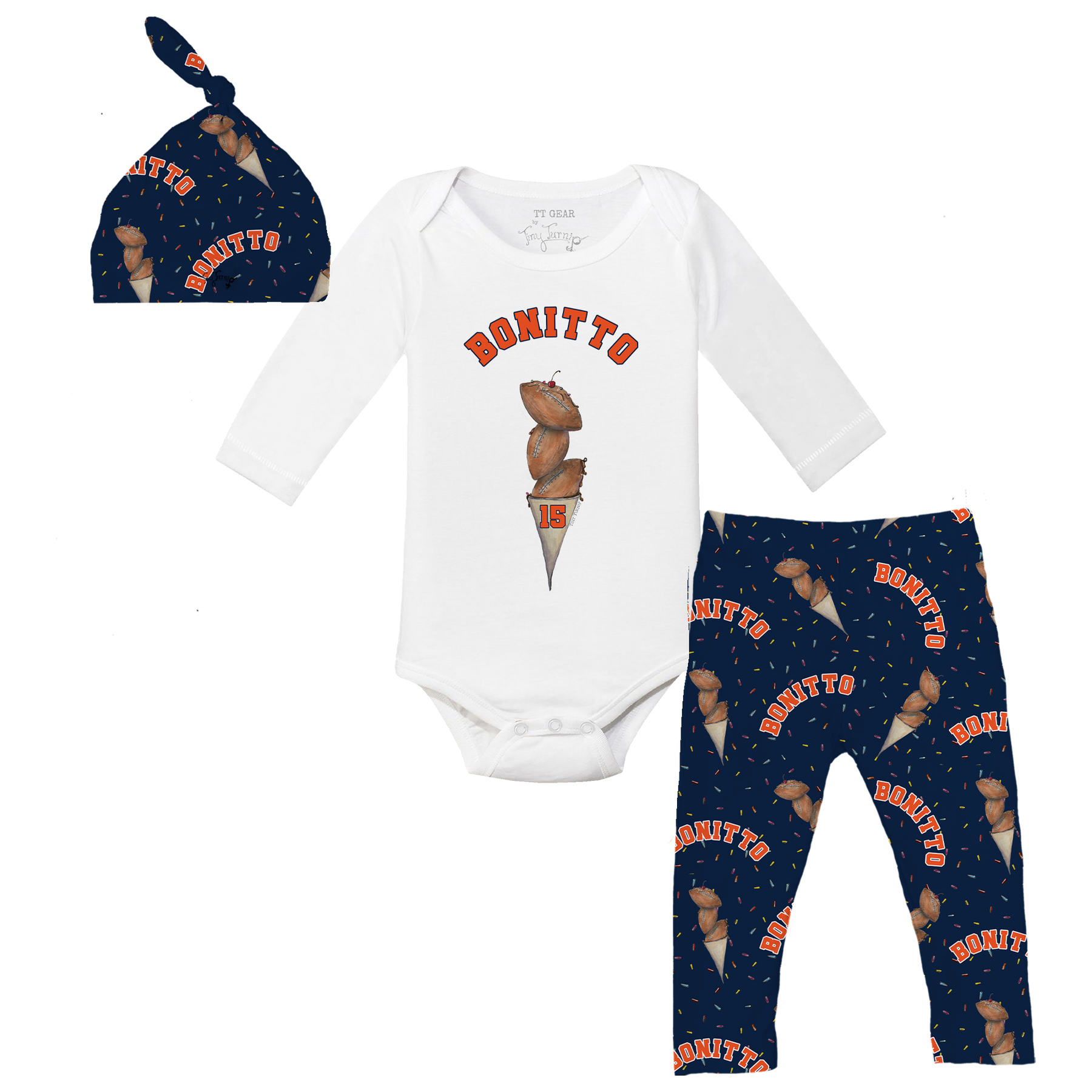 VIP Football: Triple Scoop w/ Name - Long Sleeve Snapper Layette Set - Tiny Turnip