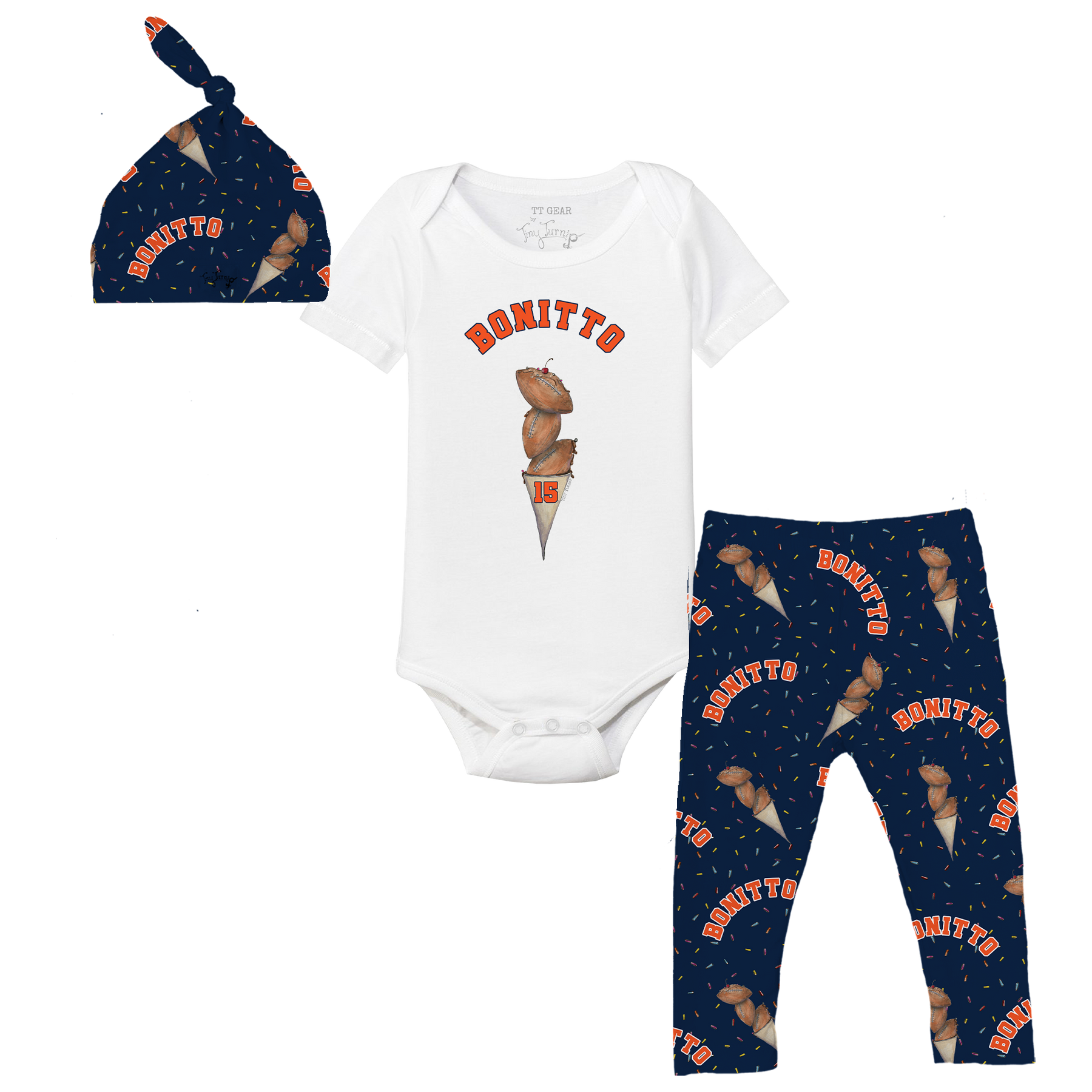 VIP Football: Triple Scoop w/ Name - Short Sleeve Snapper Layette Set - Tiny Turnip