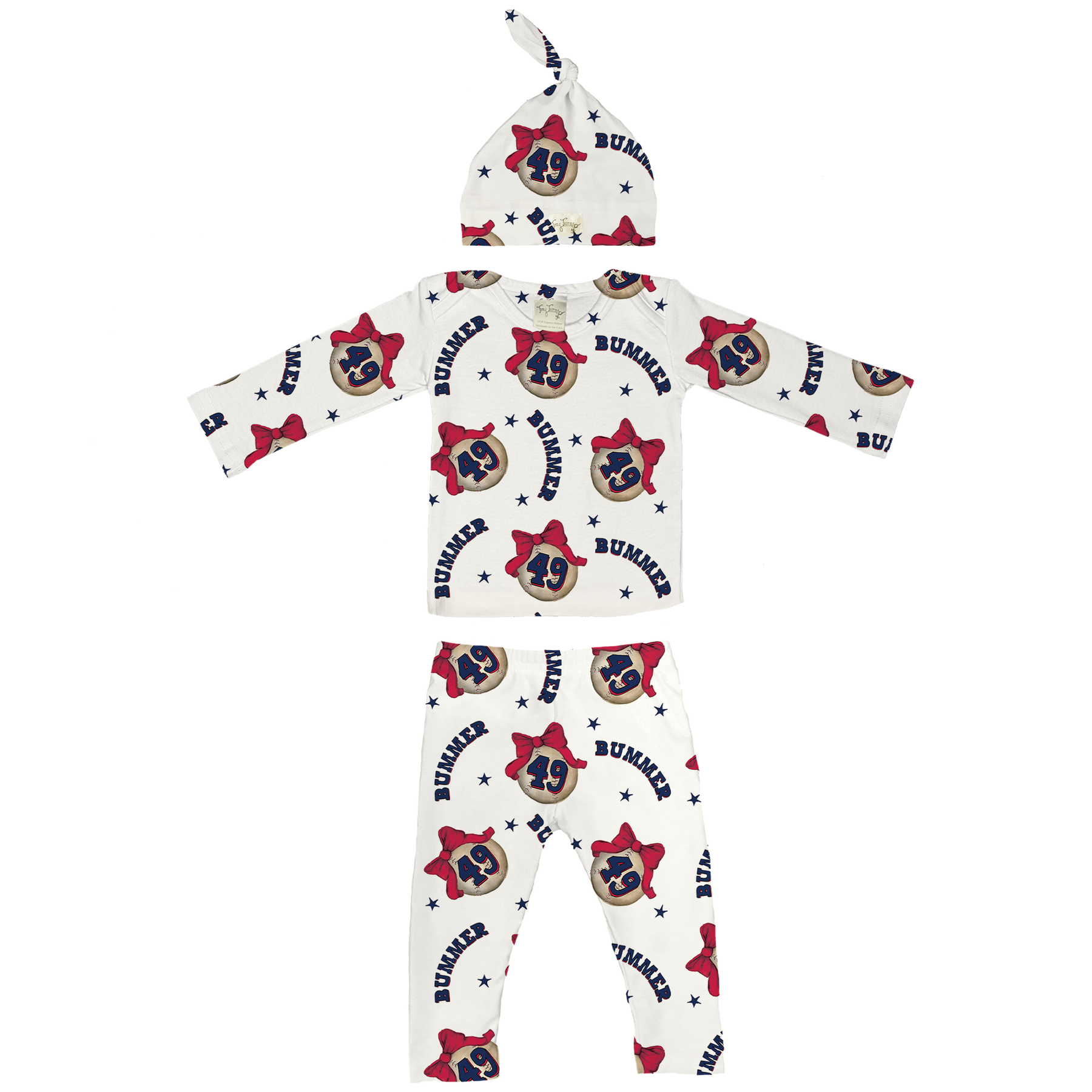 VIP Baseball Bow w/ Name - Long Sleeve Layette Set - Tiny Turnip