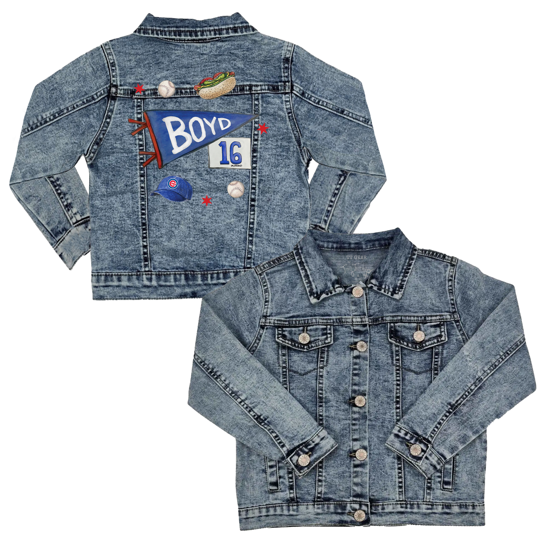 City Collage w/ Name, Number - Kid's Denim Jacket - Tiny Turnip