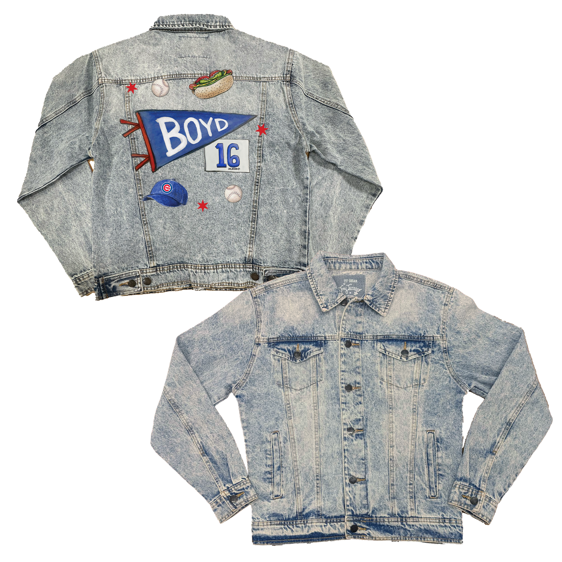 City Collage w/ Name, Number - Boyfriend Denim Jacket - Tiny Turnip
