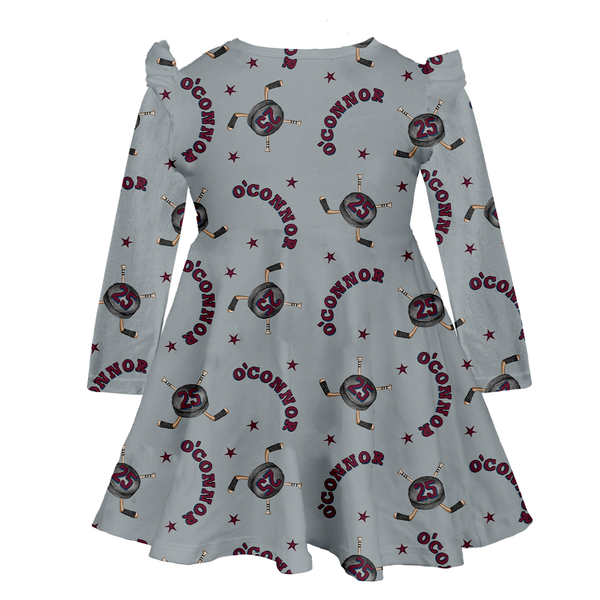 VIP NHL Cross Sticks w/ Name, Number - Long Sleeve Molly Dress - Tiny Turnip