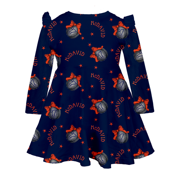 VIP NHL Hockey Bow w/ Name, Number - Long Sleeve Molly Dress - Tiny Turnip