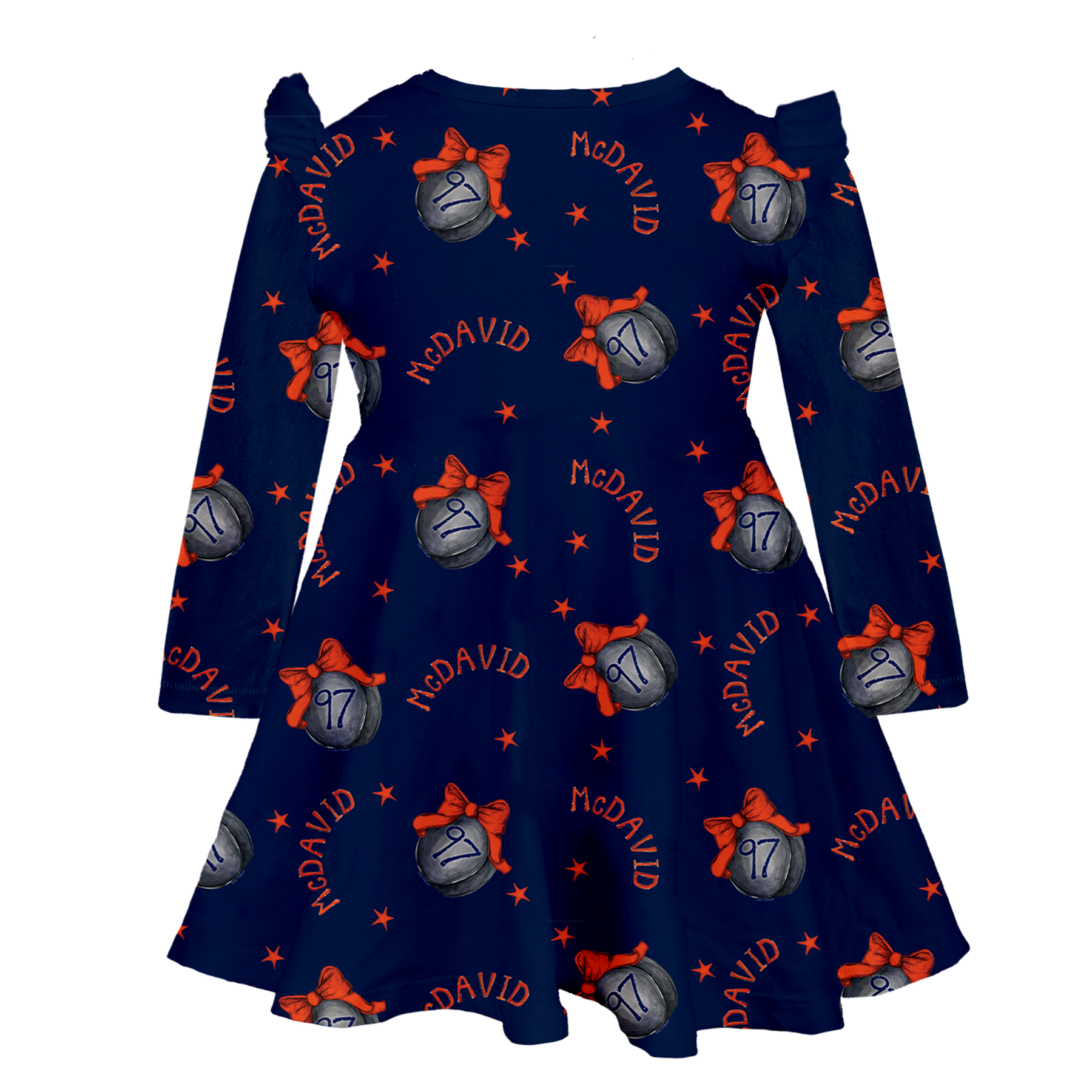 VIP NHL Hockey Bow w/ Name, Number - Long Sleeve Molly Dress - Tiny Turnip