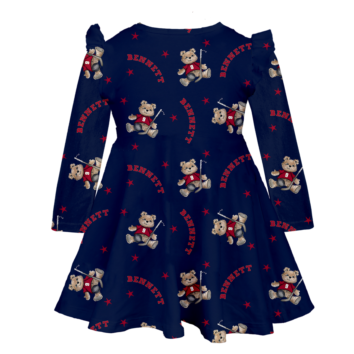 VIP NHL Teddy w/ Name, Number - Long Sleeve Molly Dress - Tiny Turnip