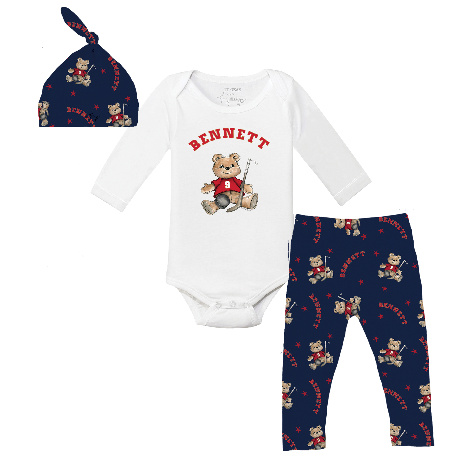 VIP NHL Teddy w/ Name, Number - Long Sleeve Snapper Layette Set - Tiny Turnip