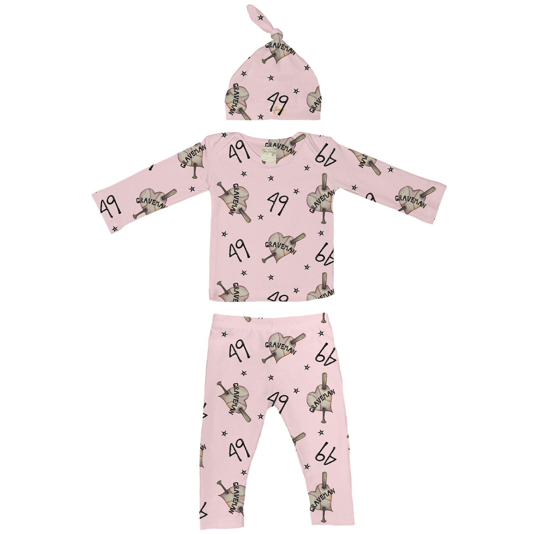 VIP Heart Bat w/ Name, Number - Long Sleeve Layette Set - Tiny Turnip