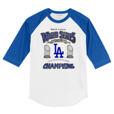 Los Angeles Dodgers Chelsea Freeman Back to Back World Series Champs Royal Blue 3/4 Sleeve Raglan