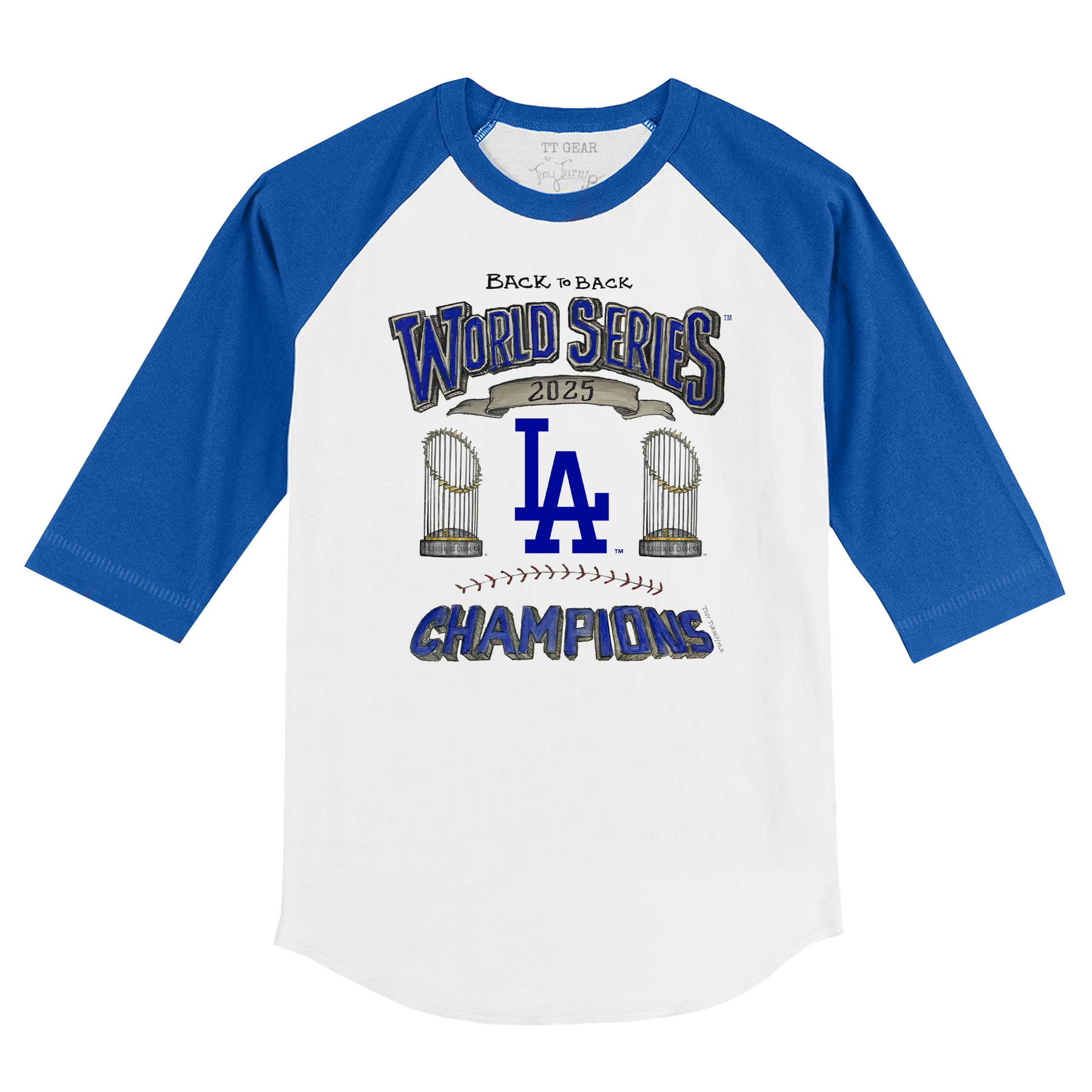 Los Angeles Dodgers Chelsea Freeman Back to Back World Series Champs Royal Blue 3/4 Sleeve Raglan