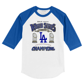Los Angeles Dodgers Chelsea Freeman Back to Back World Series Champs Royal Blue 3/4 Sleeve Raglan