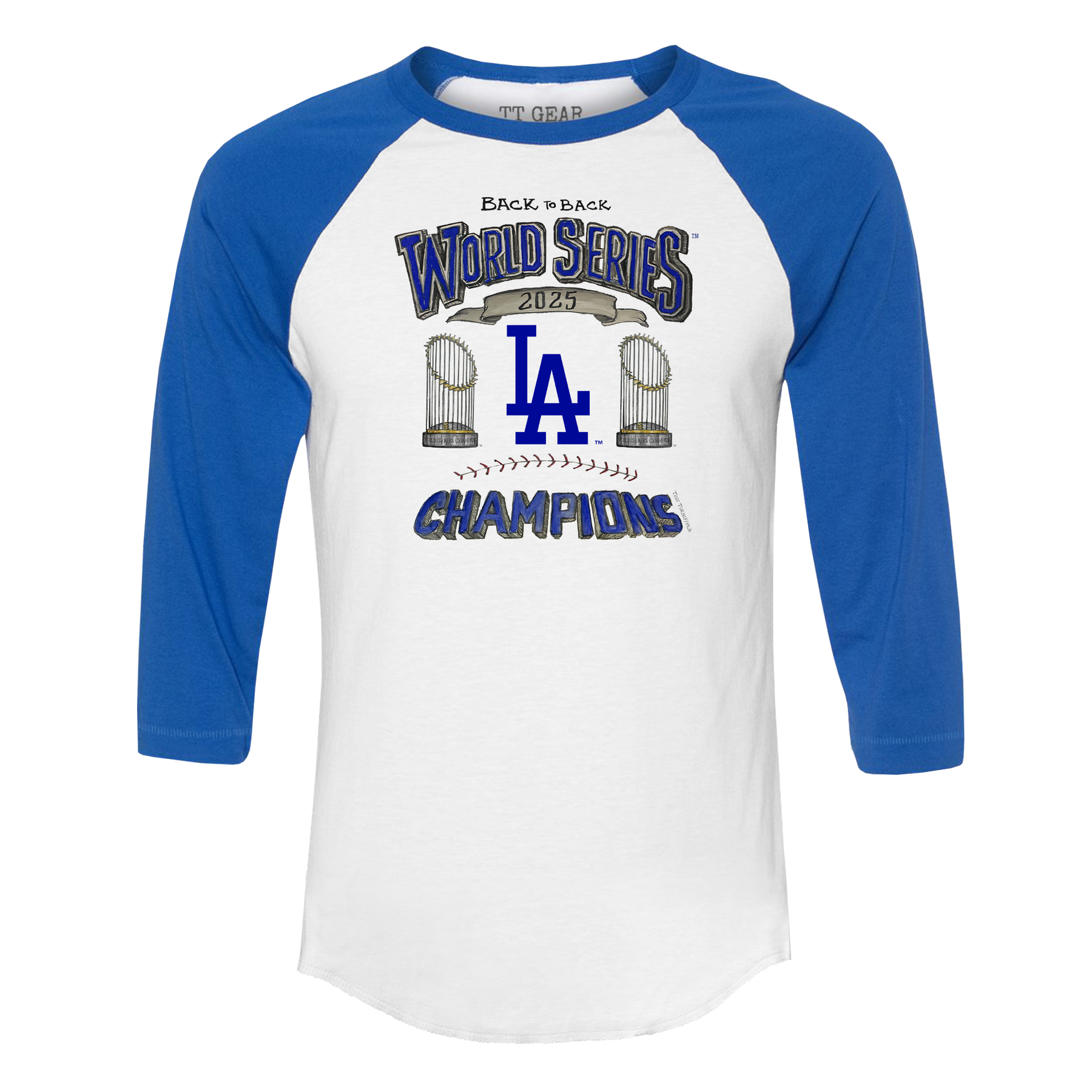 Los Angeles Dodgers Chelsea Freeman Back to Back World Series Champs Royal Blue 3/4 Sleeve Raglan